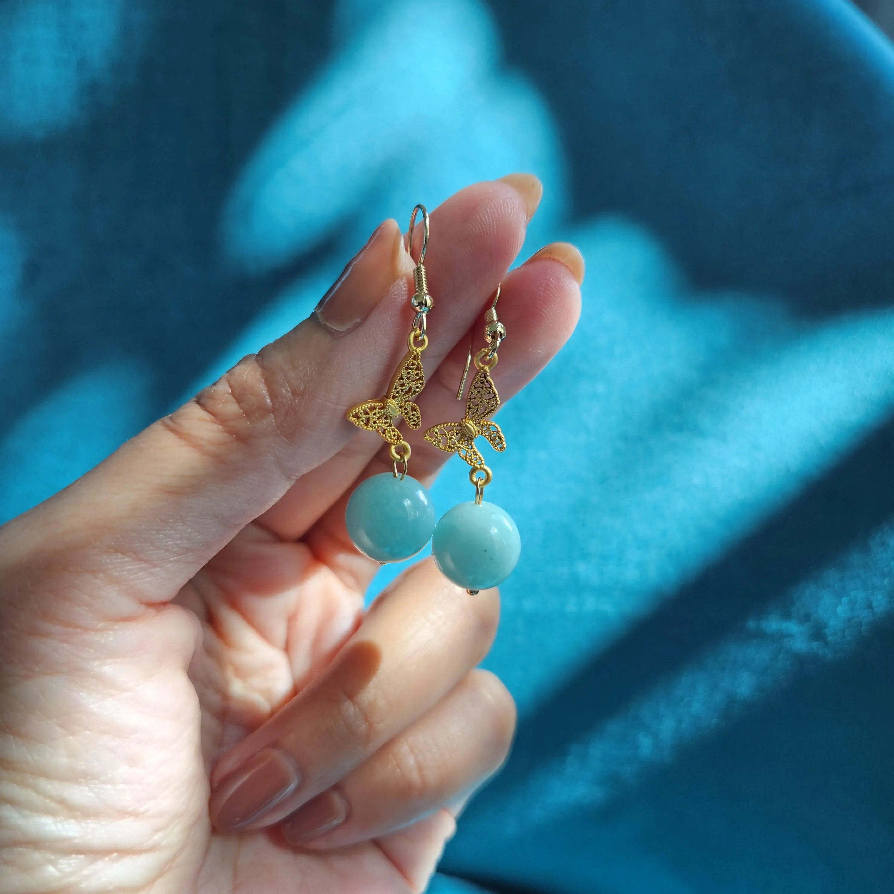 Amazonite drop earring • Crystal Amazonite gold plated S hook earring with butterfly •