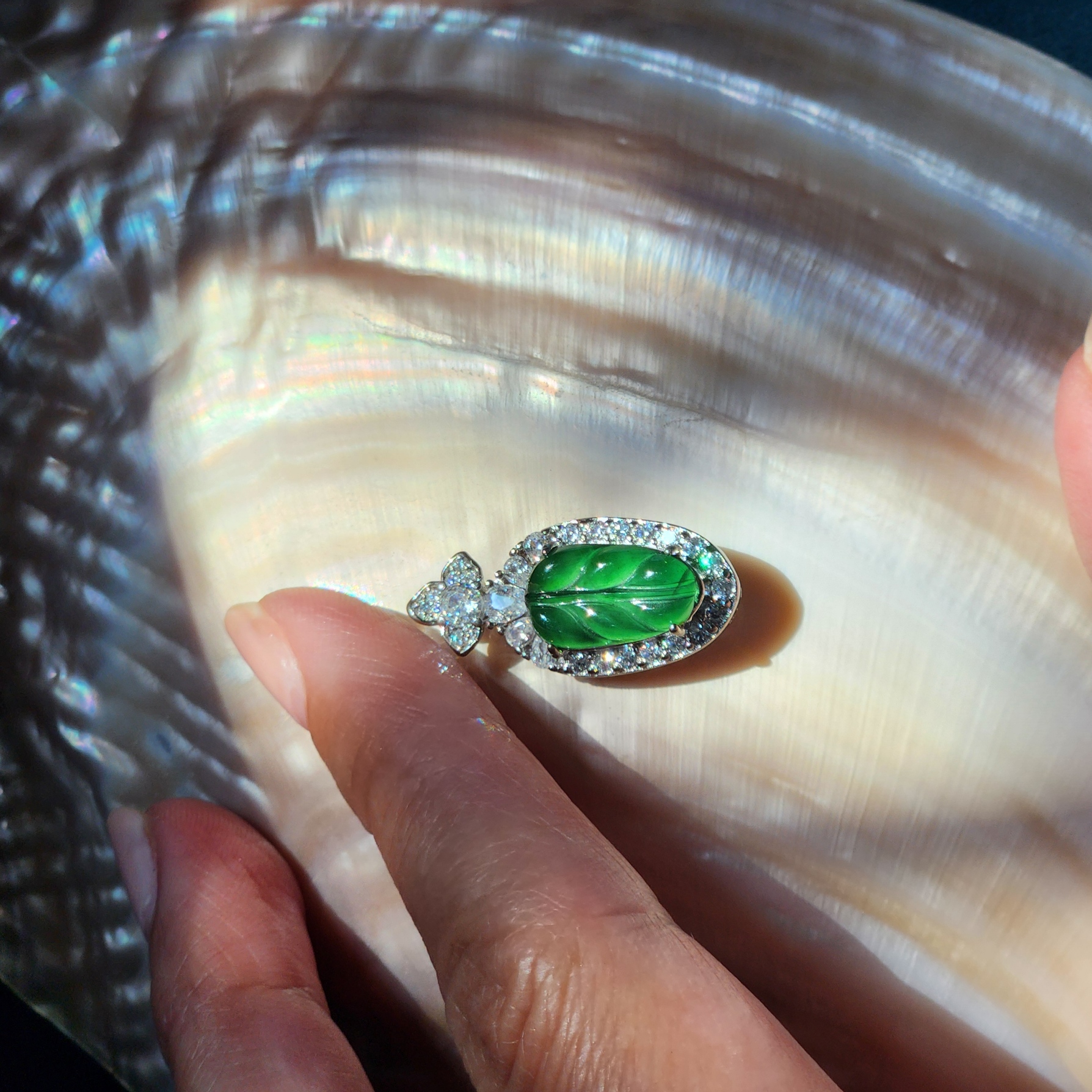 Jade pendant • Burmese green jade leaf pendant with cubic zirconia • Healing green Jade dainty classy jewelry gift for her