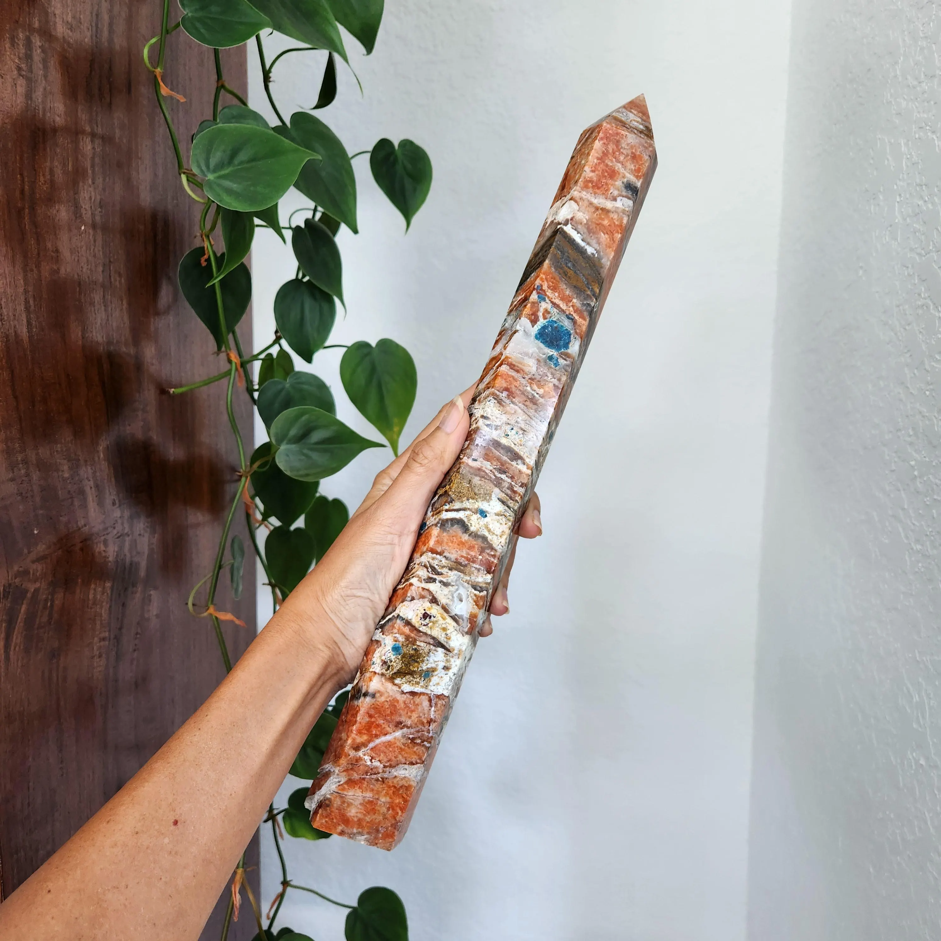 Sunstone with Appatite crystal Tower• 14.5" tall rare unique crystal tower point obelisk • Crystal gift home display 
