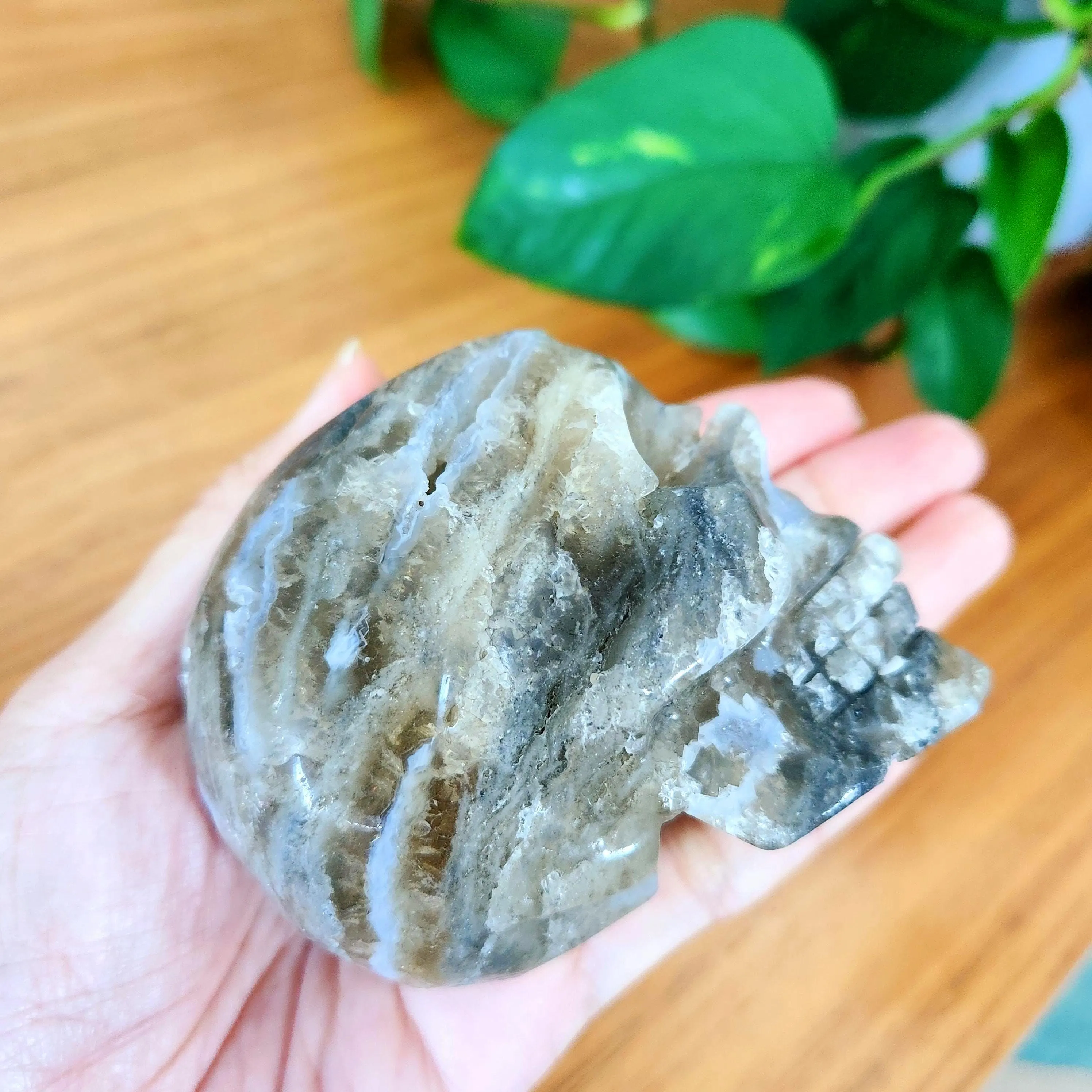 Fluorite with Moss Agate skull • UV reactive Moss Agate Fluorite skull • Moss agate skull, Fluorite skull head