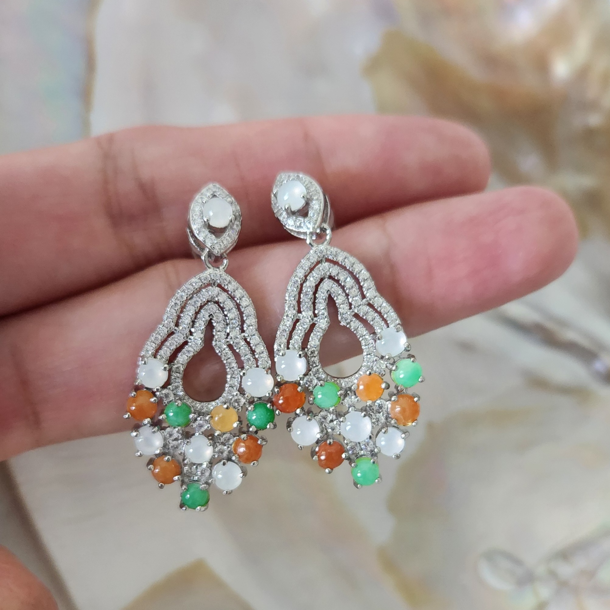 Teardrop earrings • Burmese jade earrings with orange, white, green jade cubic zirconia • dangling earrings • Jade jewelry gift for her