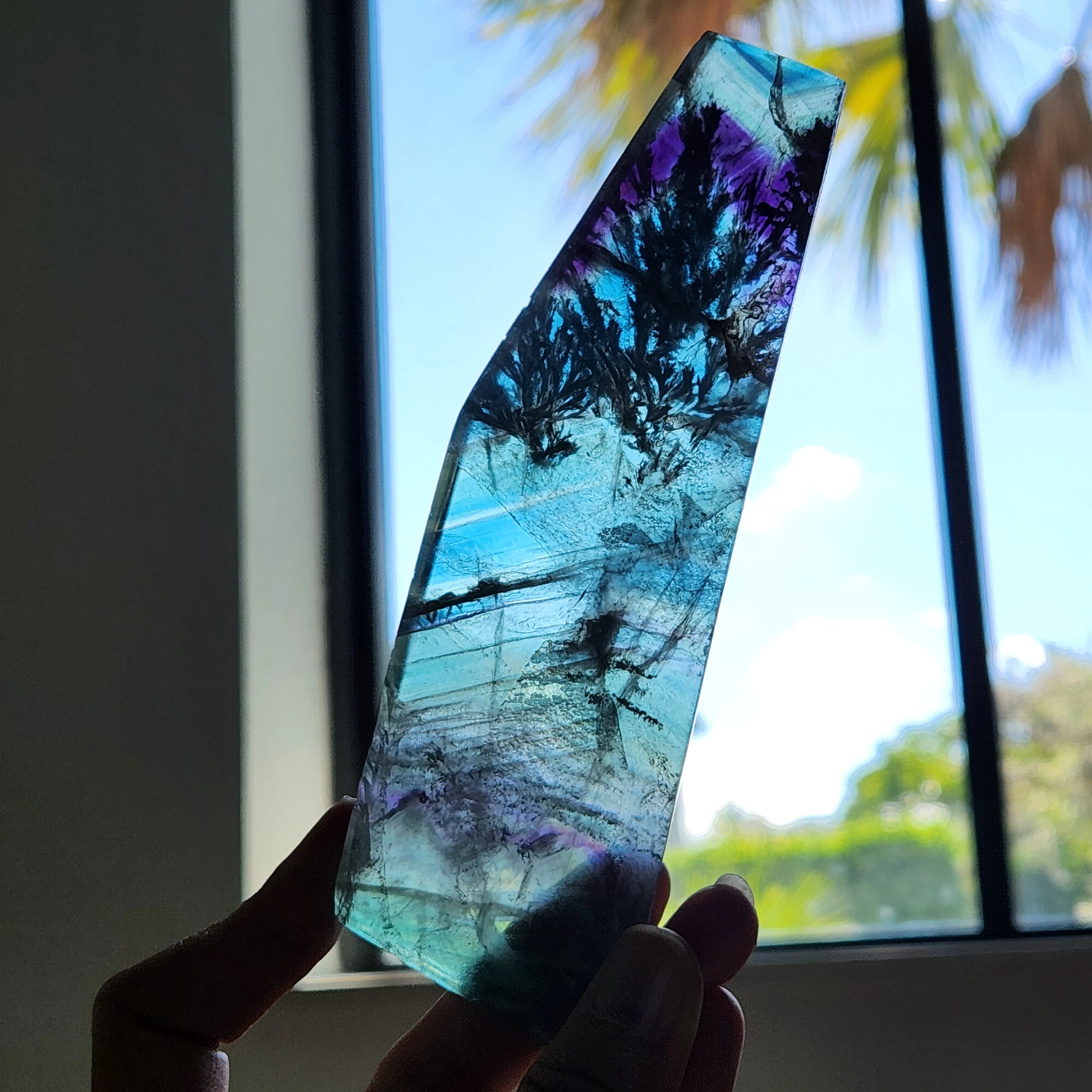 Fluorite Slab • 5.6" Snowflake Rainbow Fluorite Slice w Druzy Portal • RARE Blue Purple  Snowflake Fluorite Slab