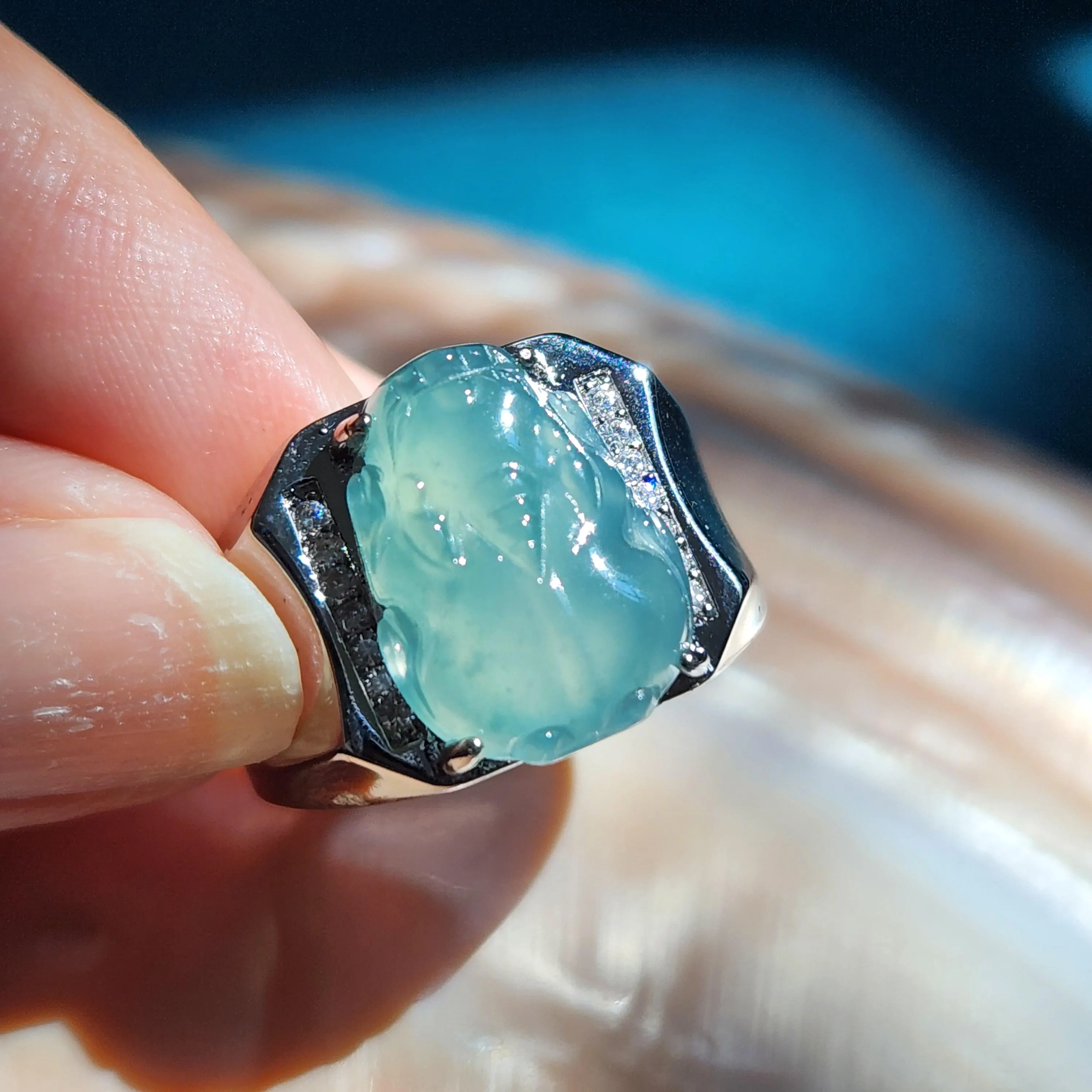 Icy Translucent Blue Jade Pixiu ring • Natural Burmese jade Chinese 貔貅 symbol silver ring 