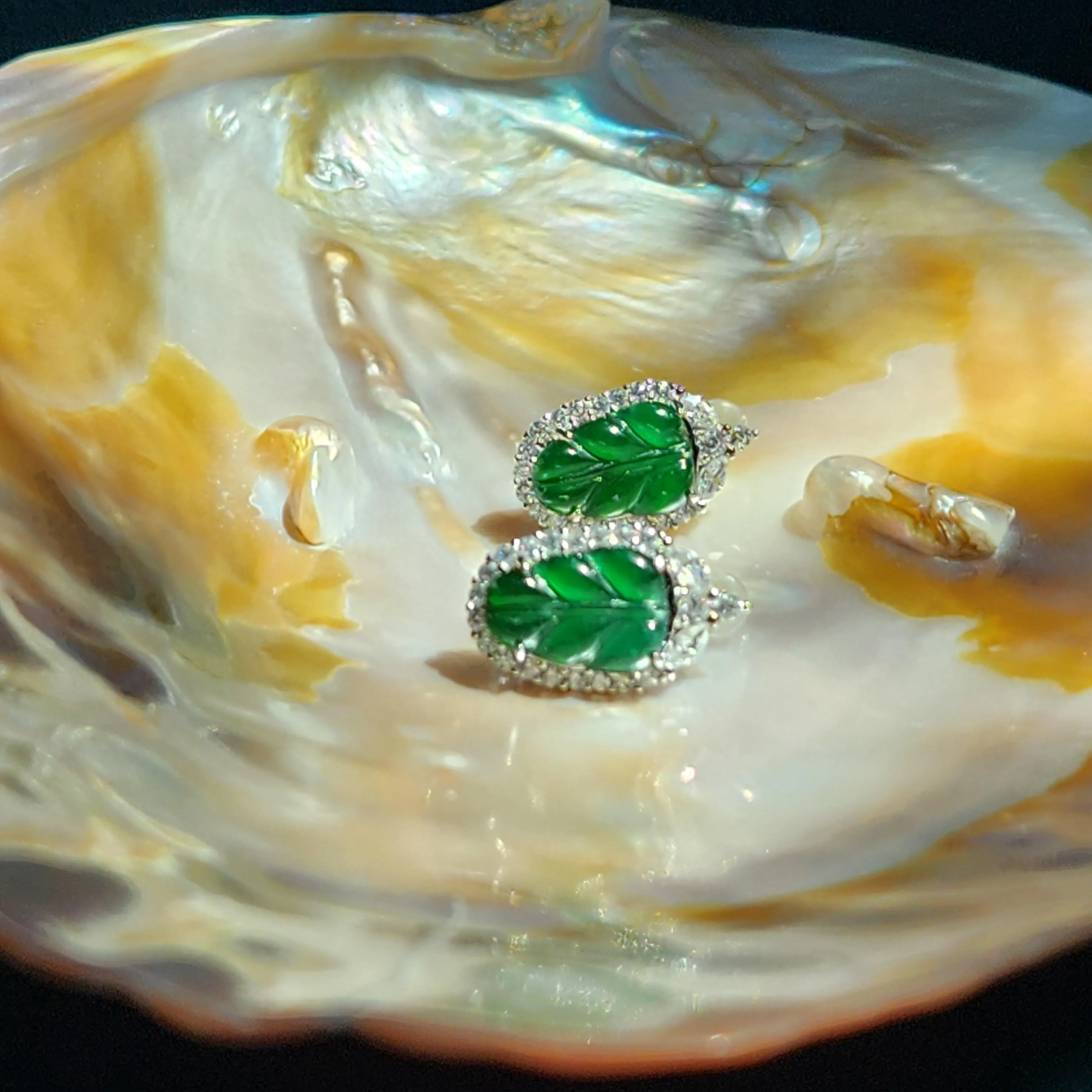 Jade earrings • Burmese green jade leaf stud earrings with cubic zirconia • Healing green Jade dainty classy jewelry gift for her