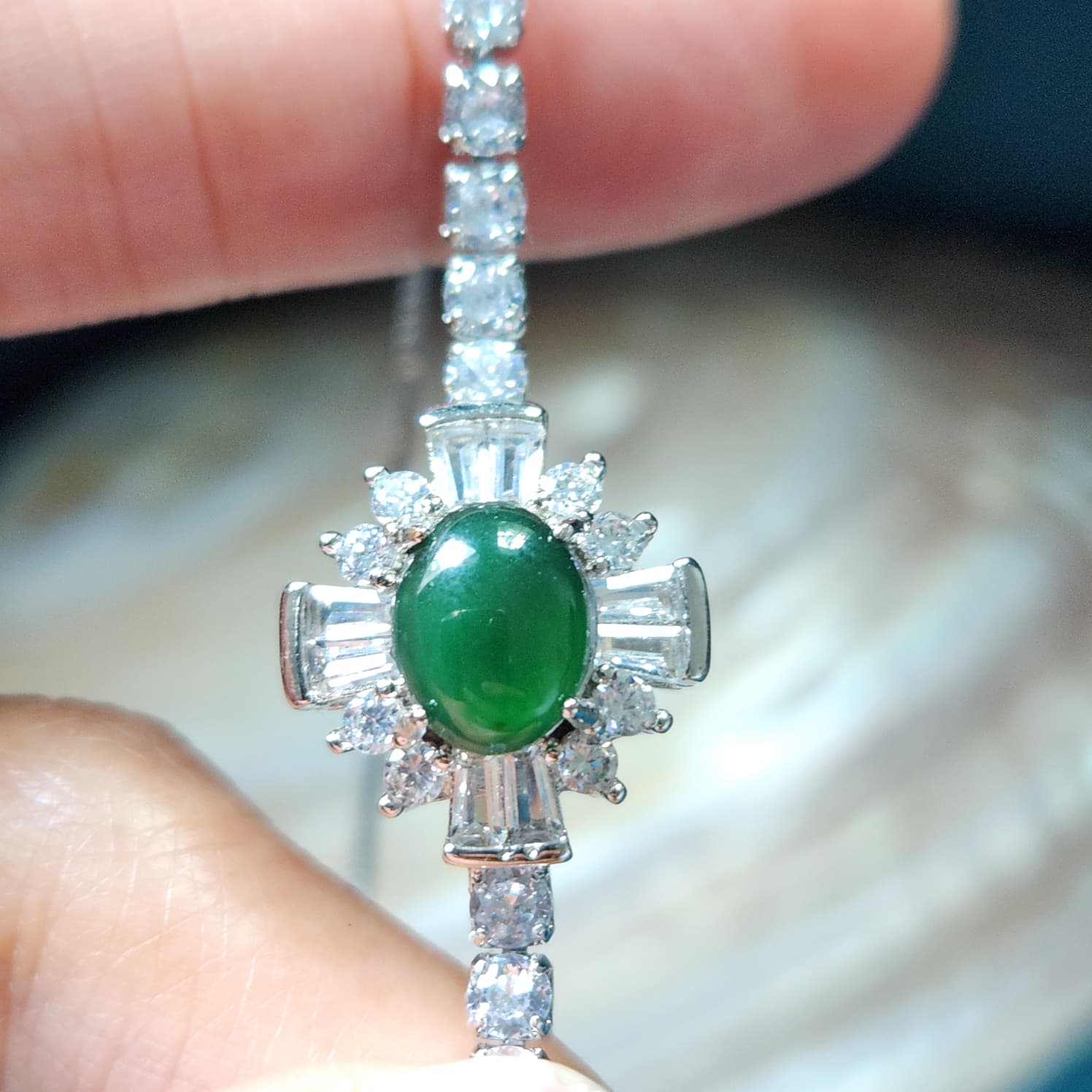 Green Jade - A Grade Silver adjustable bracelet with cubic zirconia