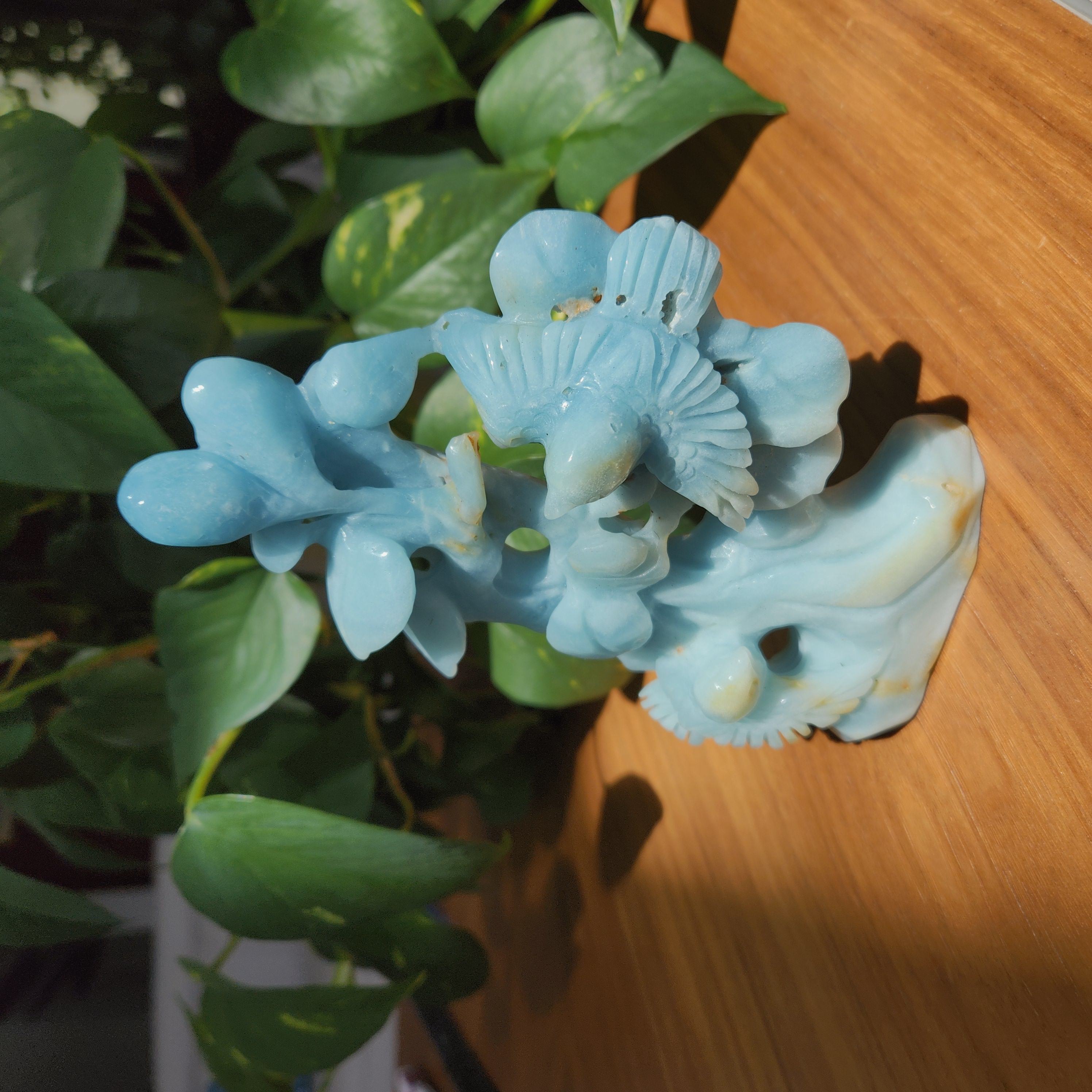 Amazonite Tree carving • 6.6" Crystal Tree, Bird Blossom Flower Tree • 