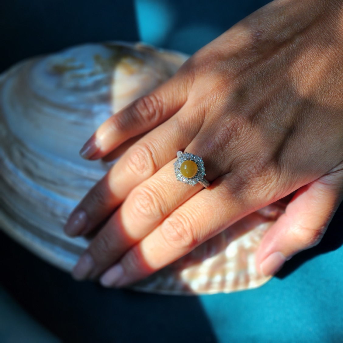 Yellow Jade Ring • Natural Burmese Jade silver adjustable band ring with cubic zirconia • Jade jewelry accessory gifts