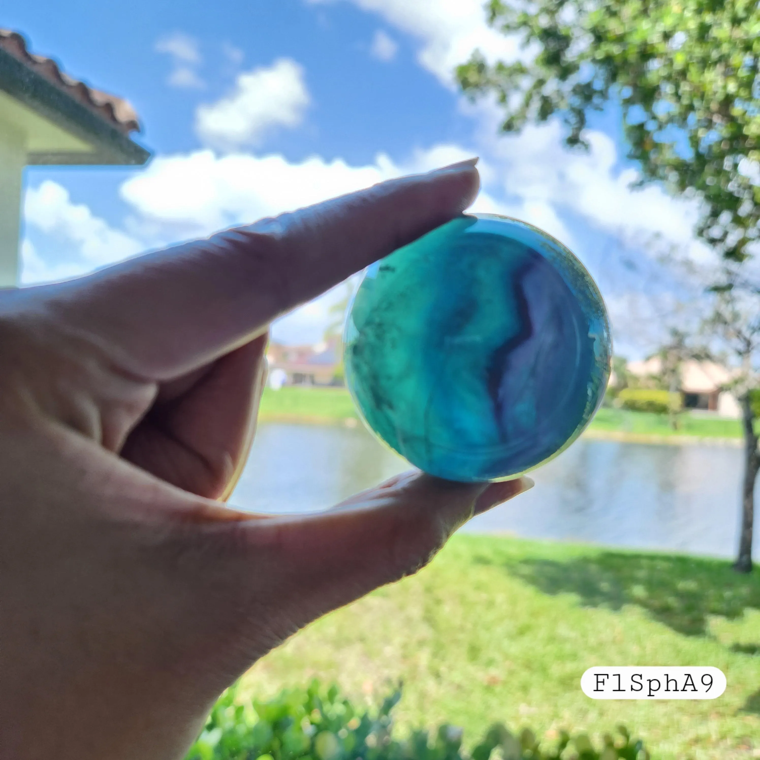 Fluorite sphere • 2" Rainbow Fluorite Banded Feather Fluorite Crystal Sphere