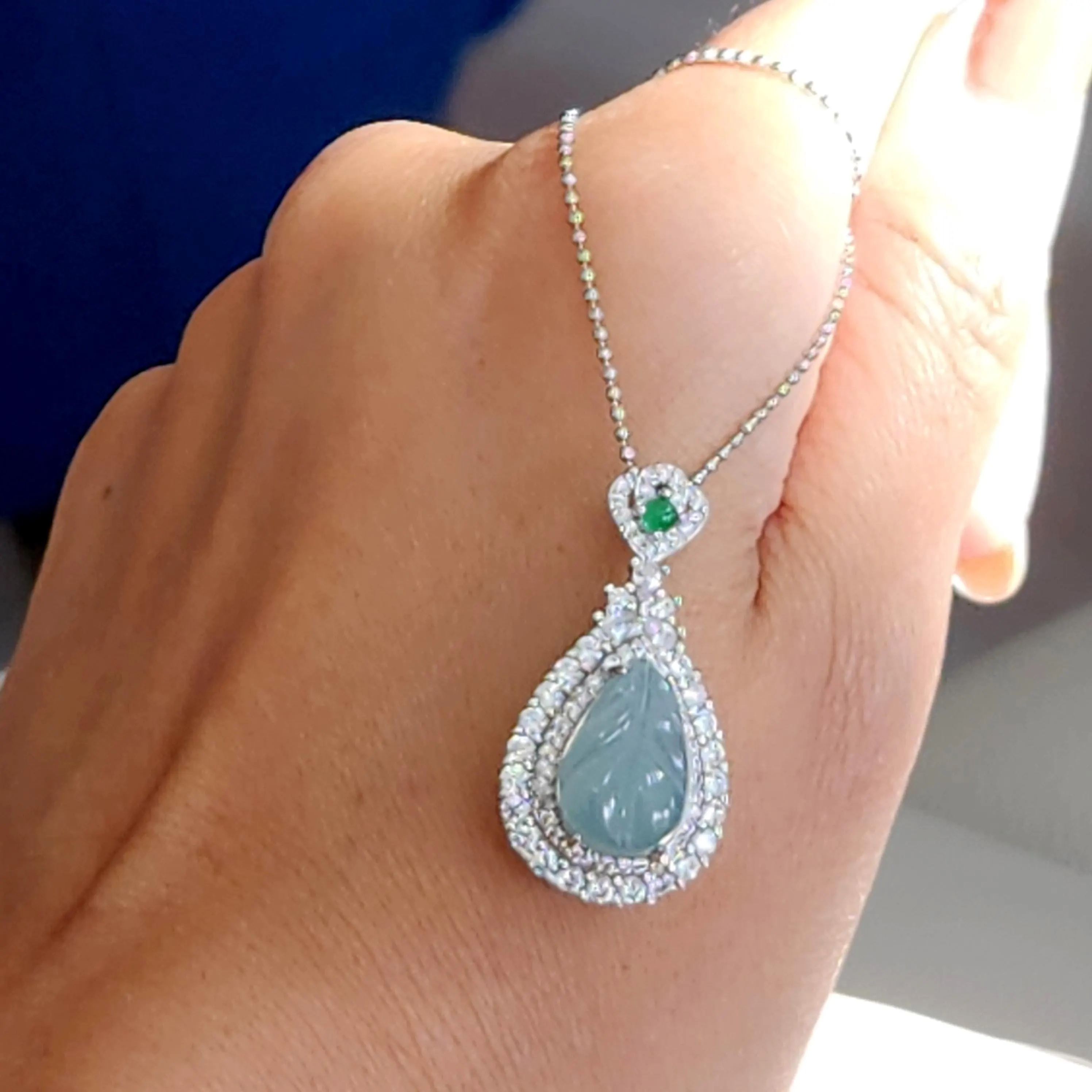 Blue icy translucent Jade leaf pendant set in silver • Blue Burmese jade jewelry with cubic zirconia •