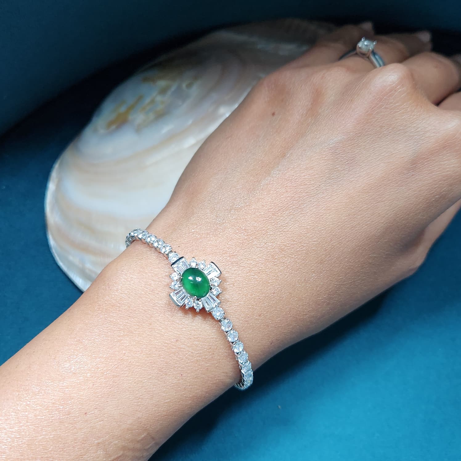 Green Jade - A Grade Silver adjustable bracelet with cubic zirconia