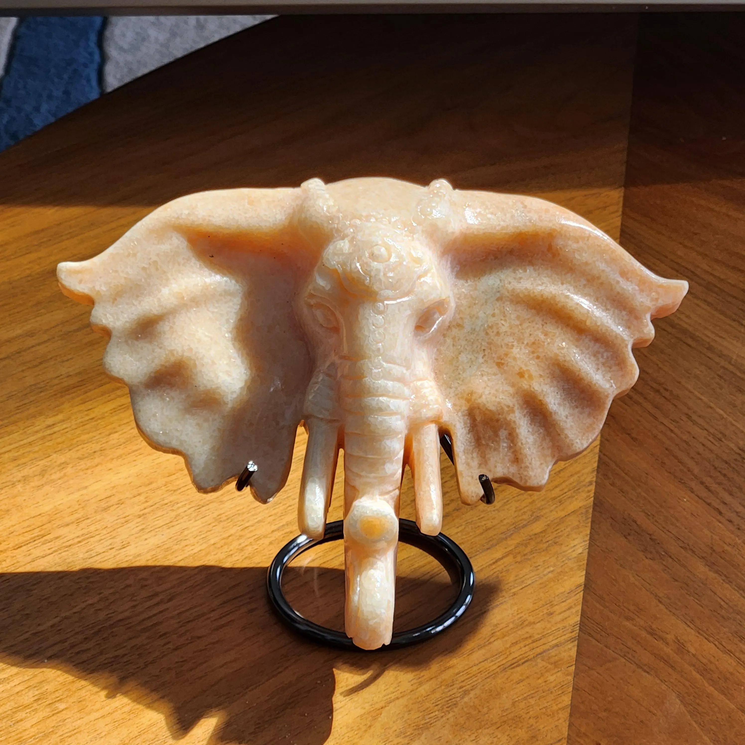 Orange Calcite crystal Elephant • 8" wide Orange Calcite Elephant head carving • 