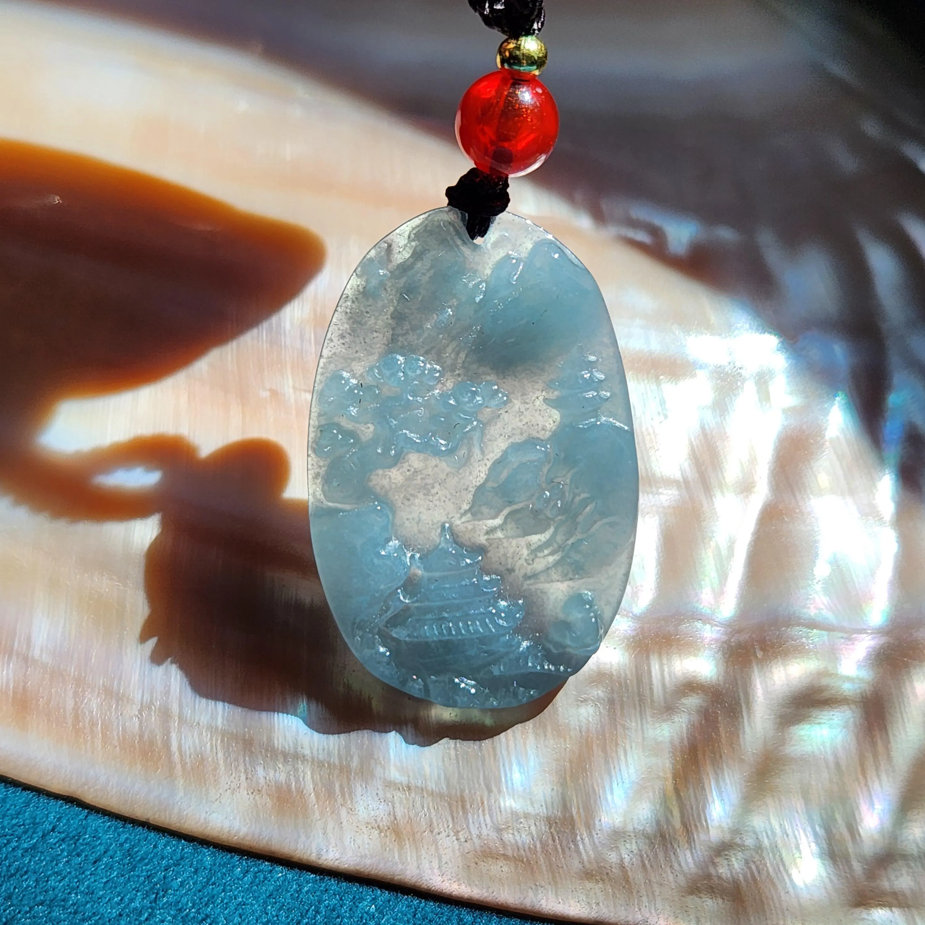 Jade pendant necklace landscape carving • Hand carved Blue Burmese jade jewelry • Jade jewelry gift for her