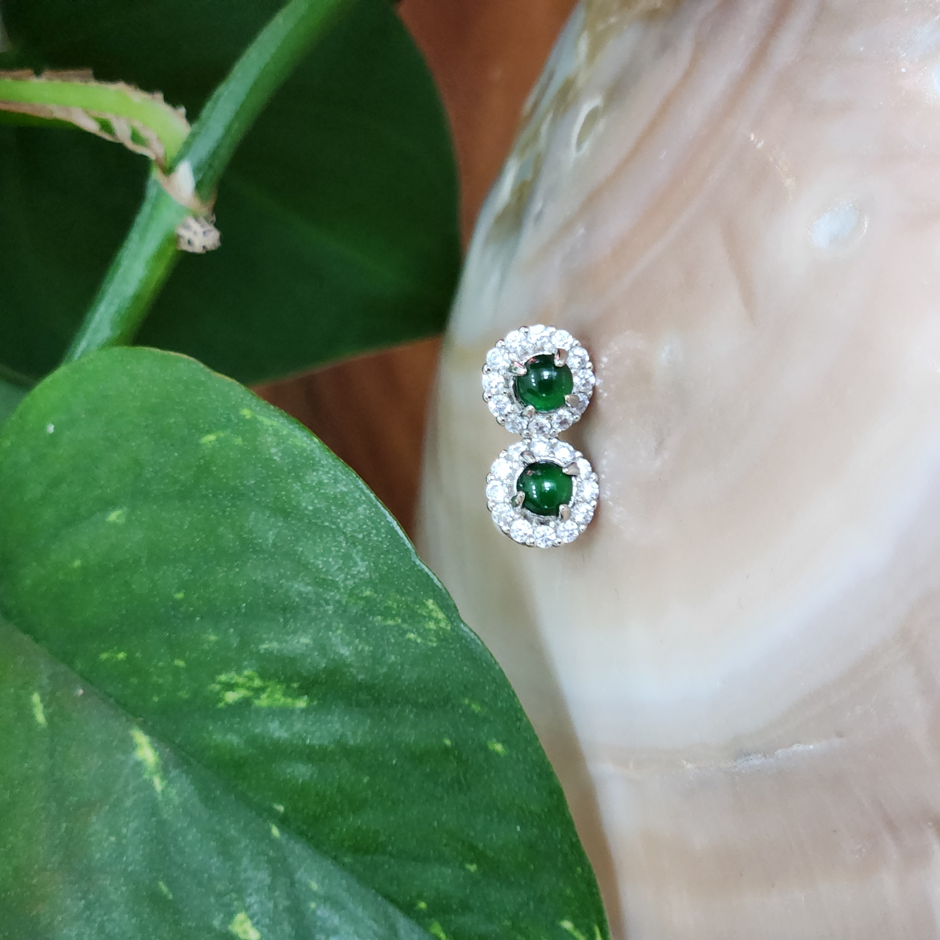 Green Jade earrings • Burmese jade simple stud earrings with cubic zirconia • Dainty earrings jewelry gift for her