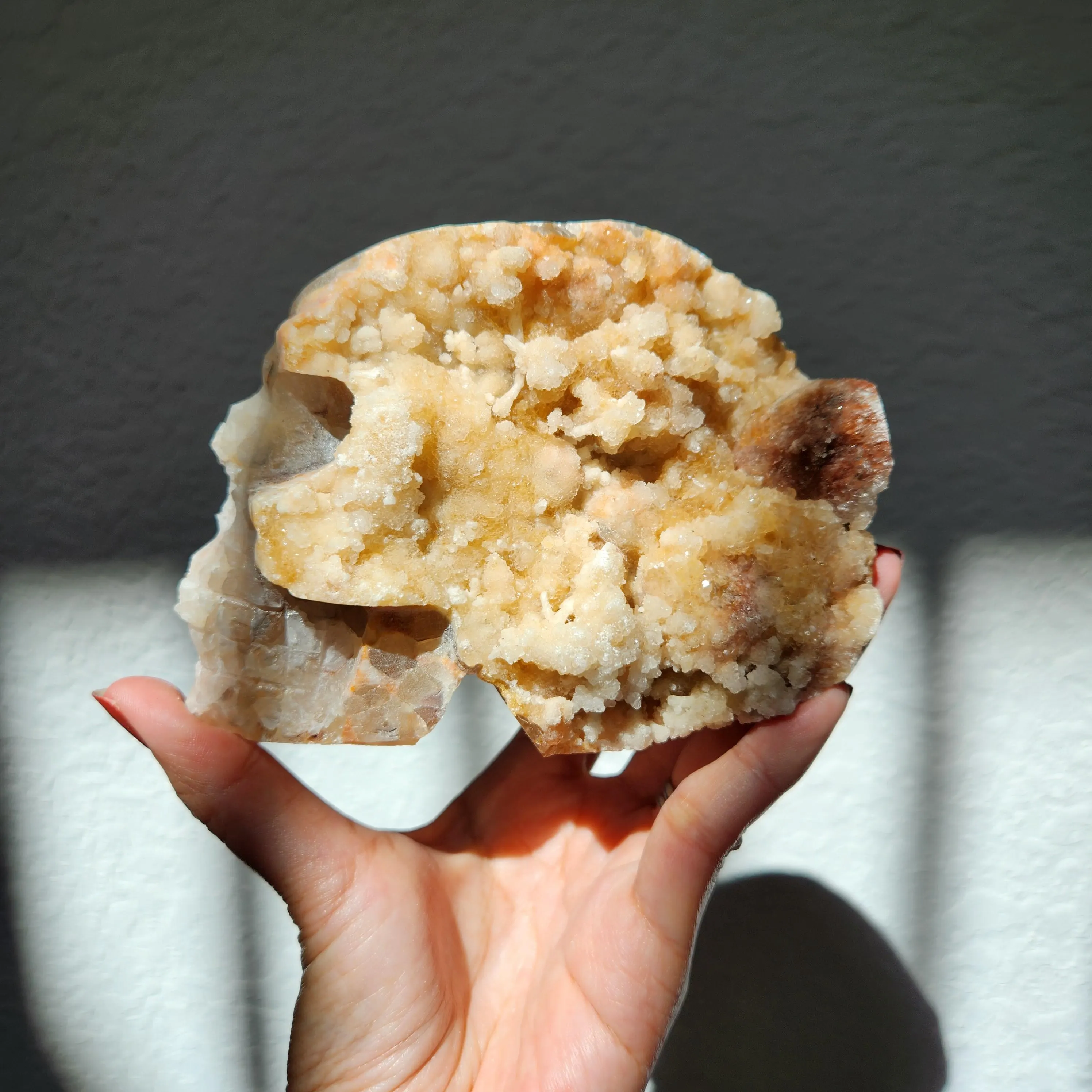 UV reactive florescent Quartz skull • 5" Amber calcite crystal skull • Raw druzy amber quartz cluster skull head 