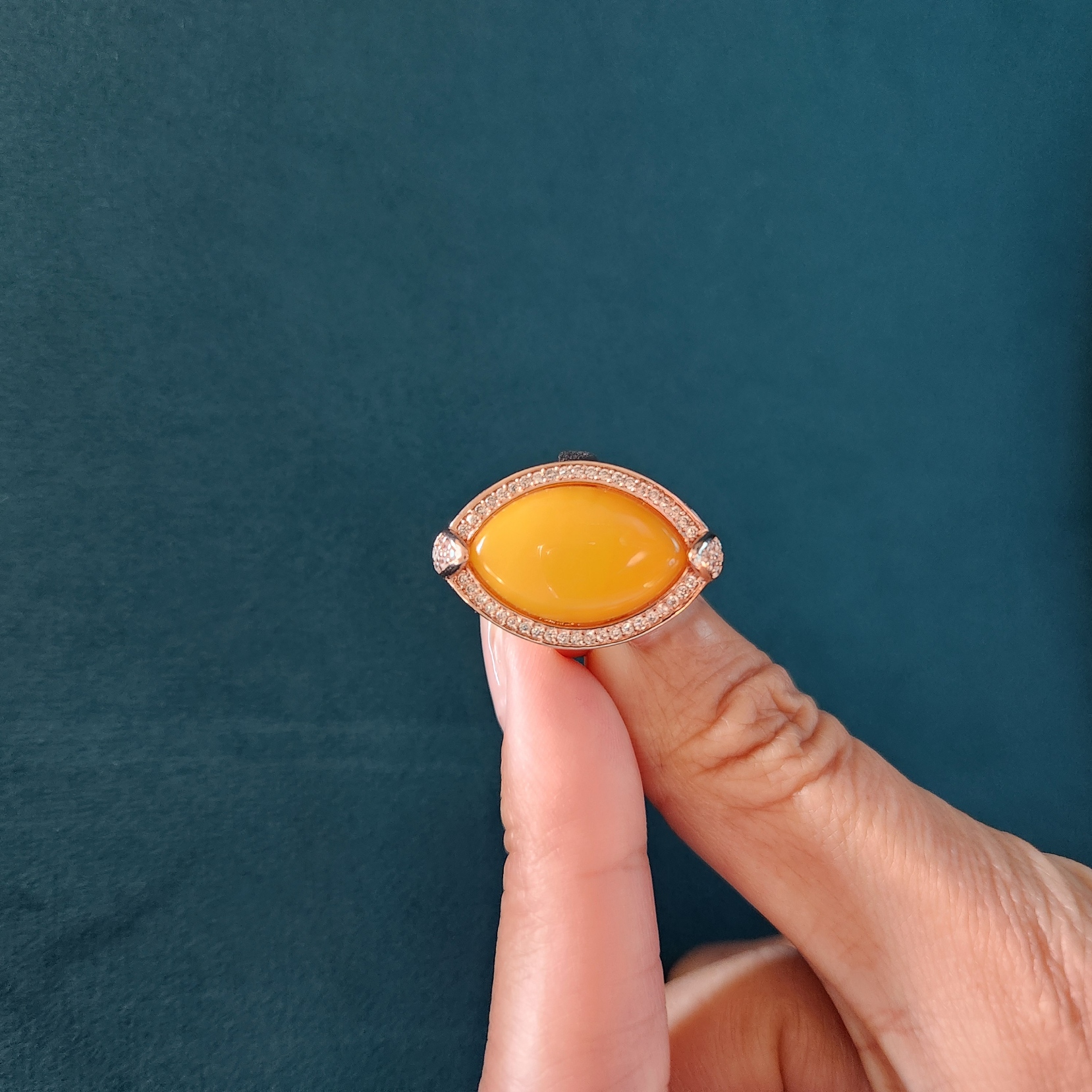 Yellow Jade - Rose Gold plated setting with cubic zirconia. Natural Burmese Jade - Stone of abundance and prosperity