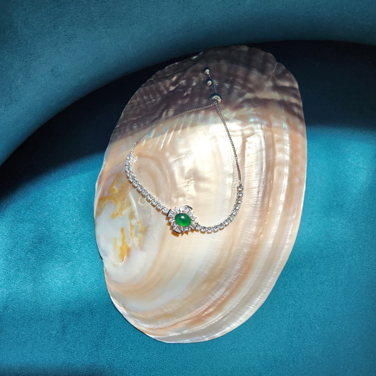 Green Jade - A Grade Silver adjustable bracelet with cubic zirconia