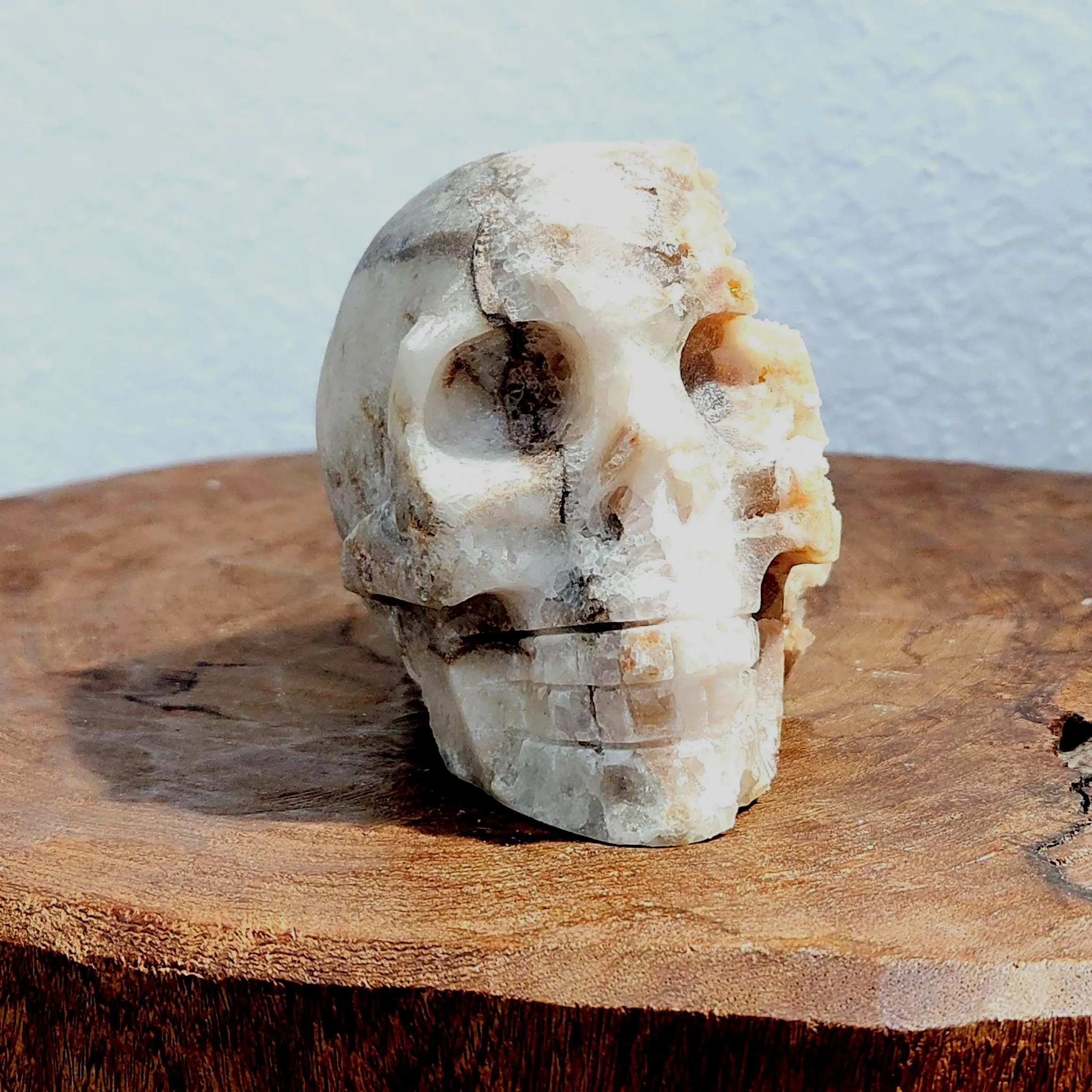 UV reactive florescent Quartz skull • 5" Amber calcite crystal skull • Raw druzy amber quartz cluster skull head 