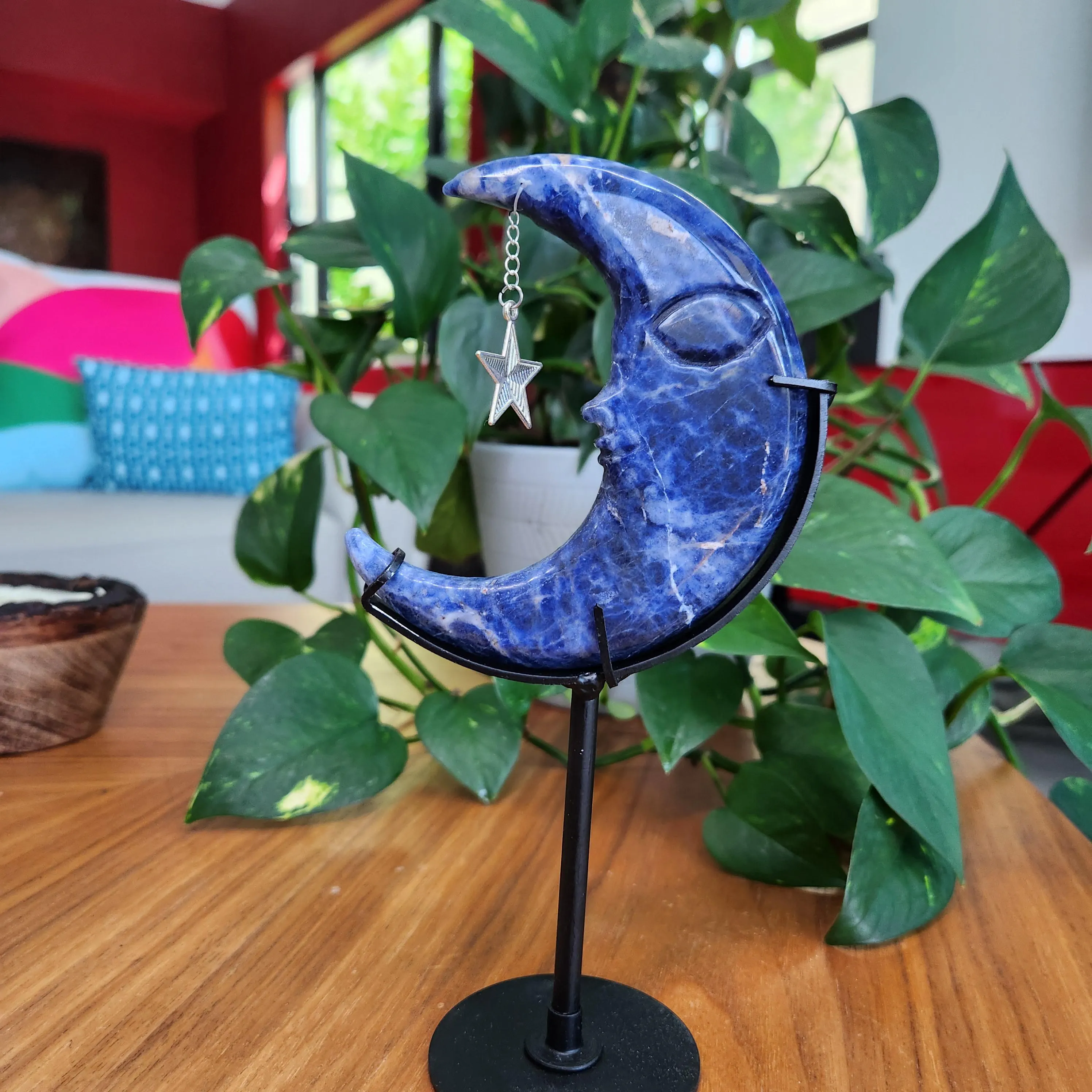Sodalite Moon • Sodalite Moon Face • Sodalite Crescent Moon w charm • 7.2" on stand 
