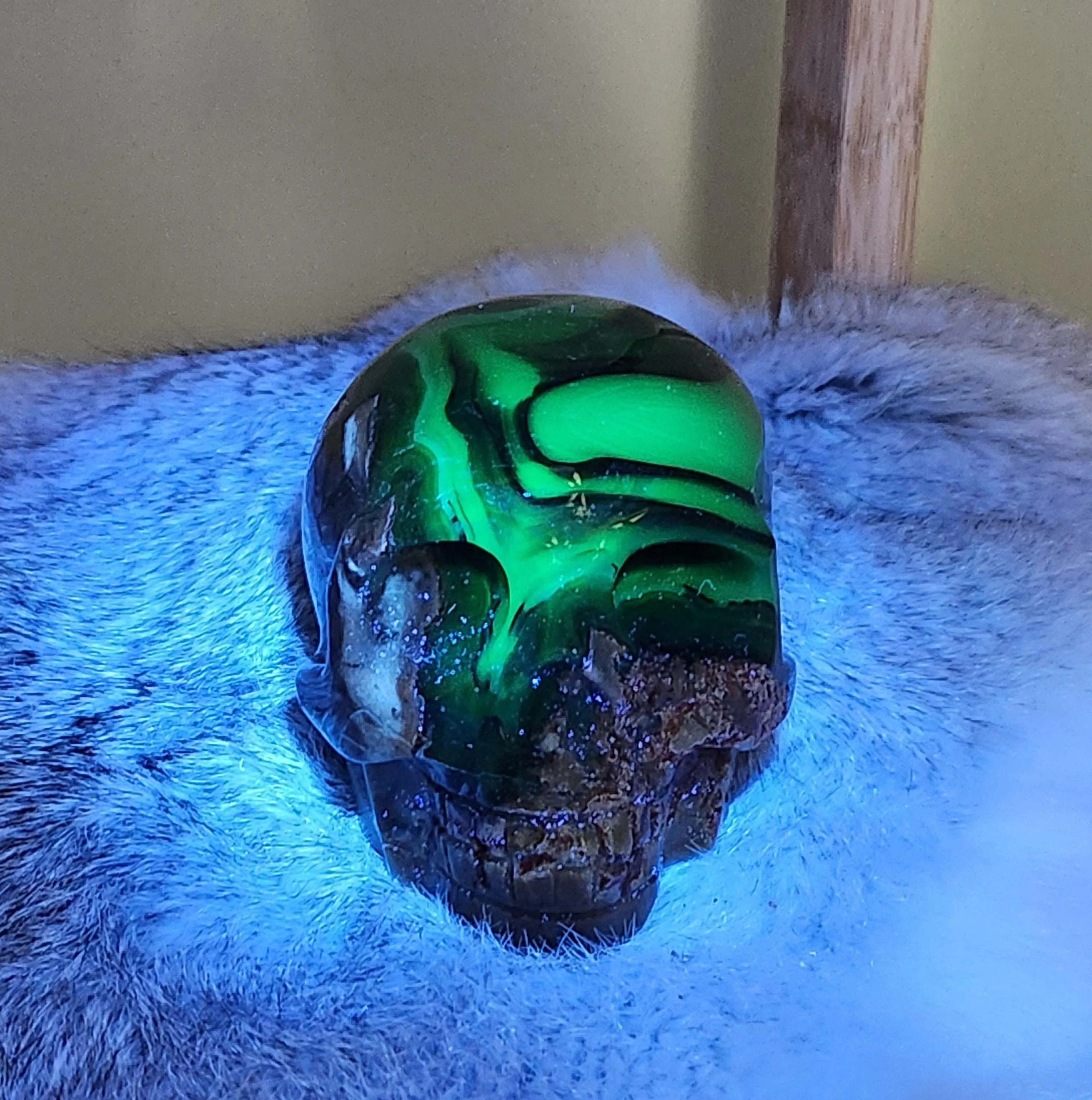 Volcano Agate Skull • 3.6" UV reactive crystal skull head • Florescent Luminous Glow Green Crystal Skull • 
