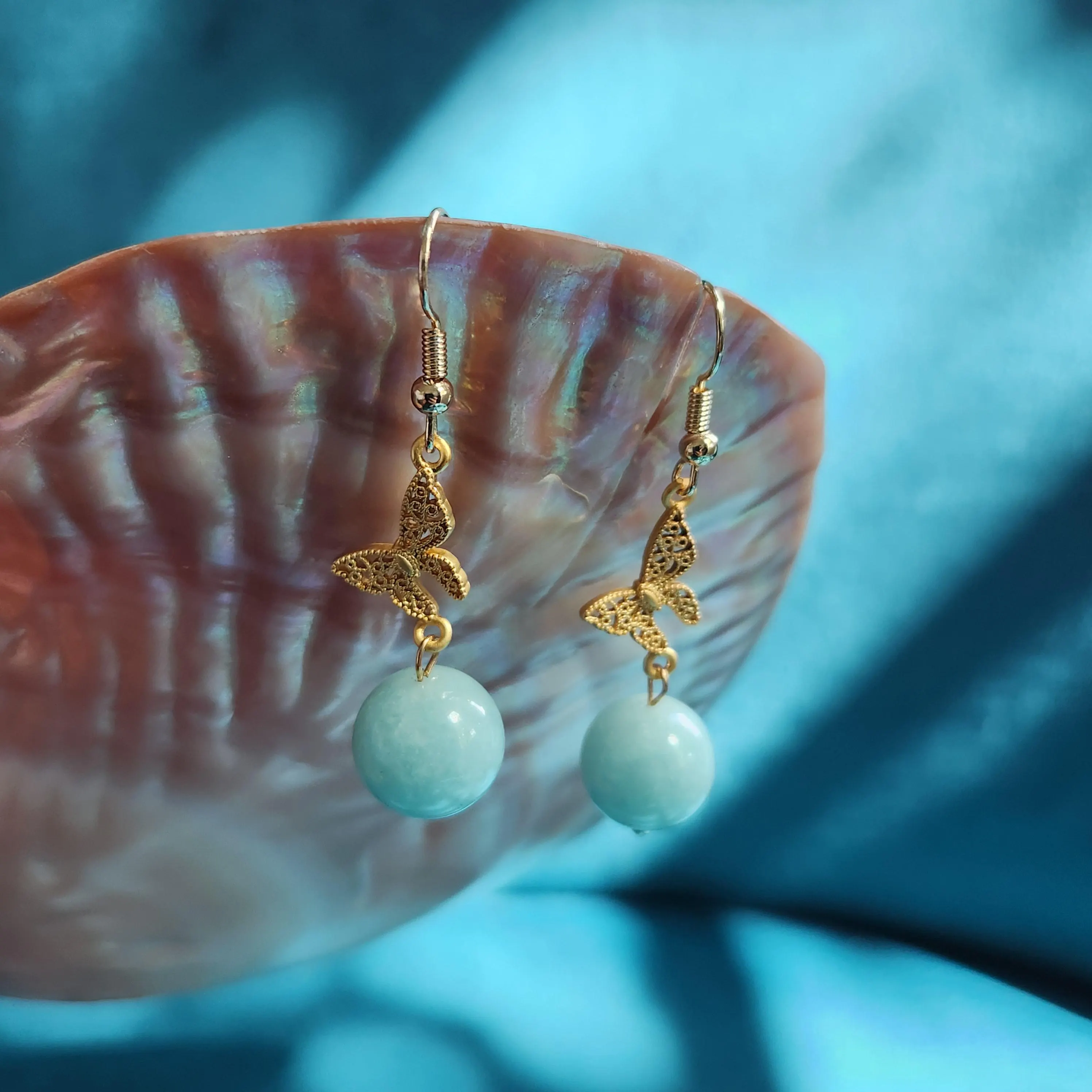 Amazonite drop earring • Crystal Amazonite gold plated S hook earring with butterfly •