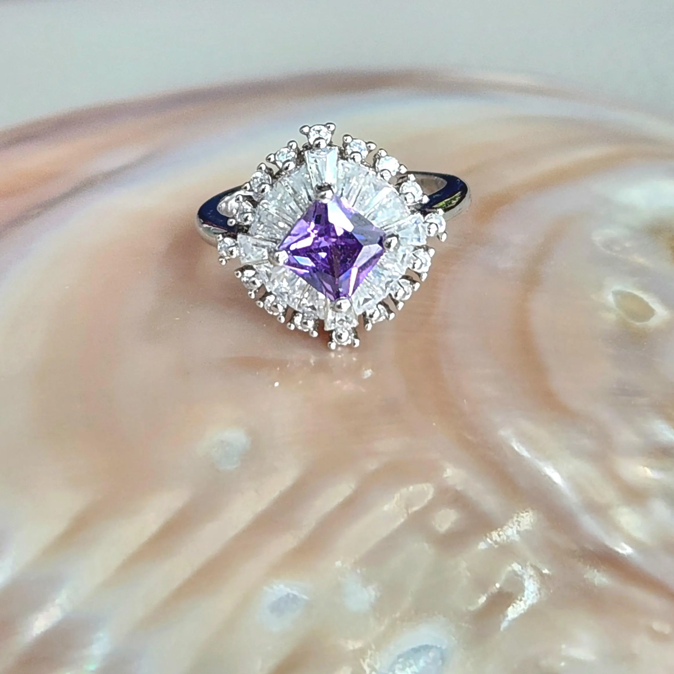 Princess cut Amethyst Ring with cubic zirconia set in sterling silver • Elegant Crystal jewelry accessory gift for her