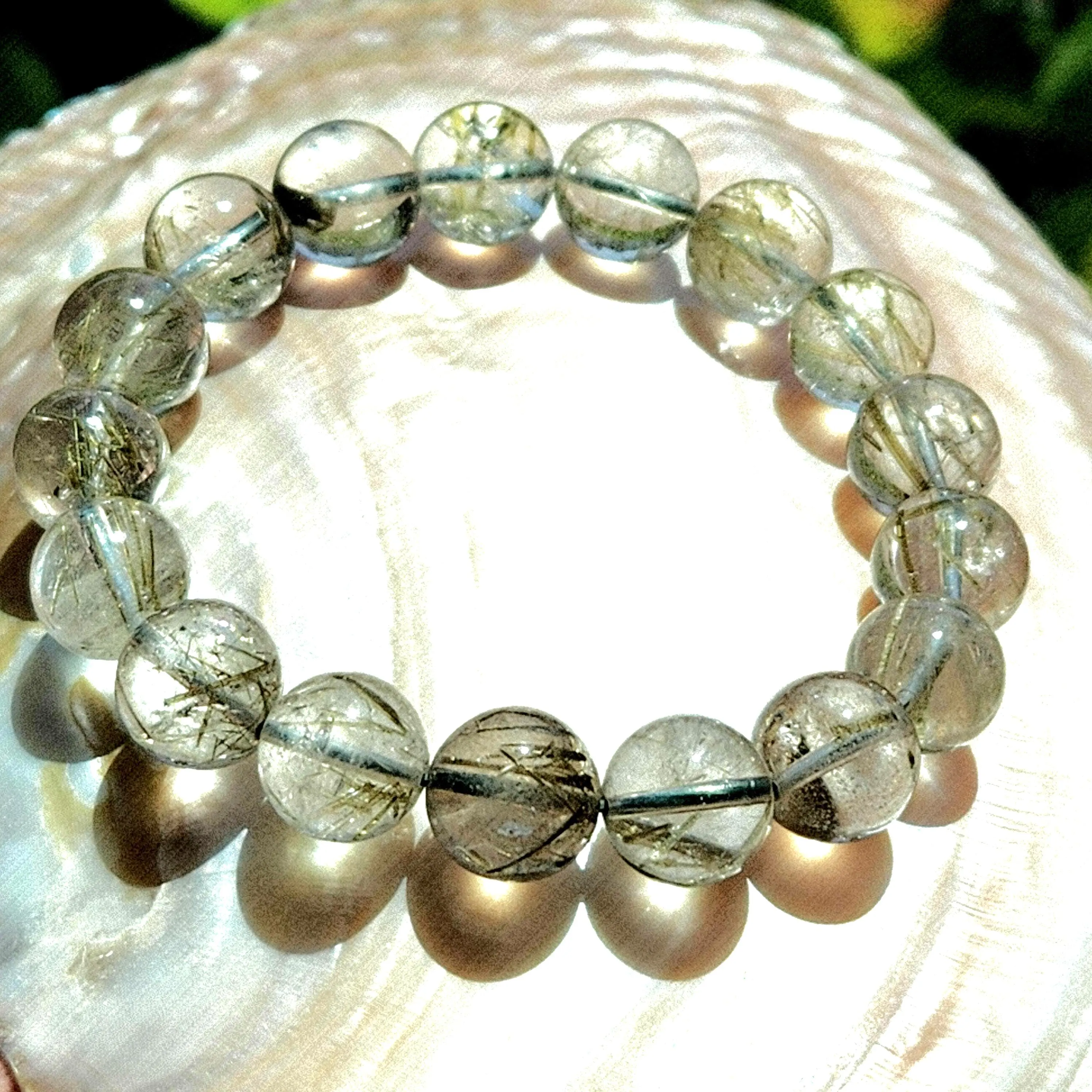 Green Tourmaline bracelet • 12mm round bead Tourmaline in Quartz crystal bracelet jewelry