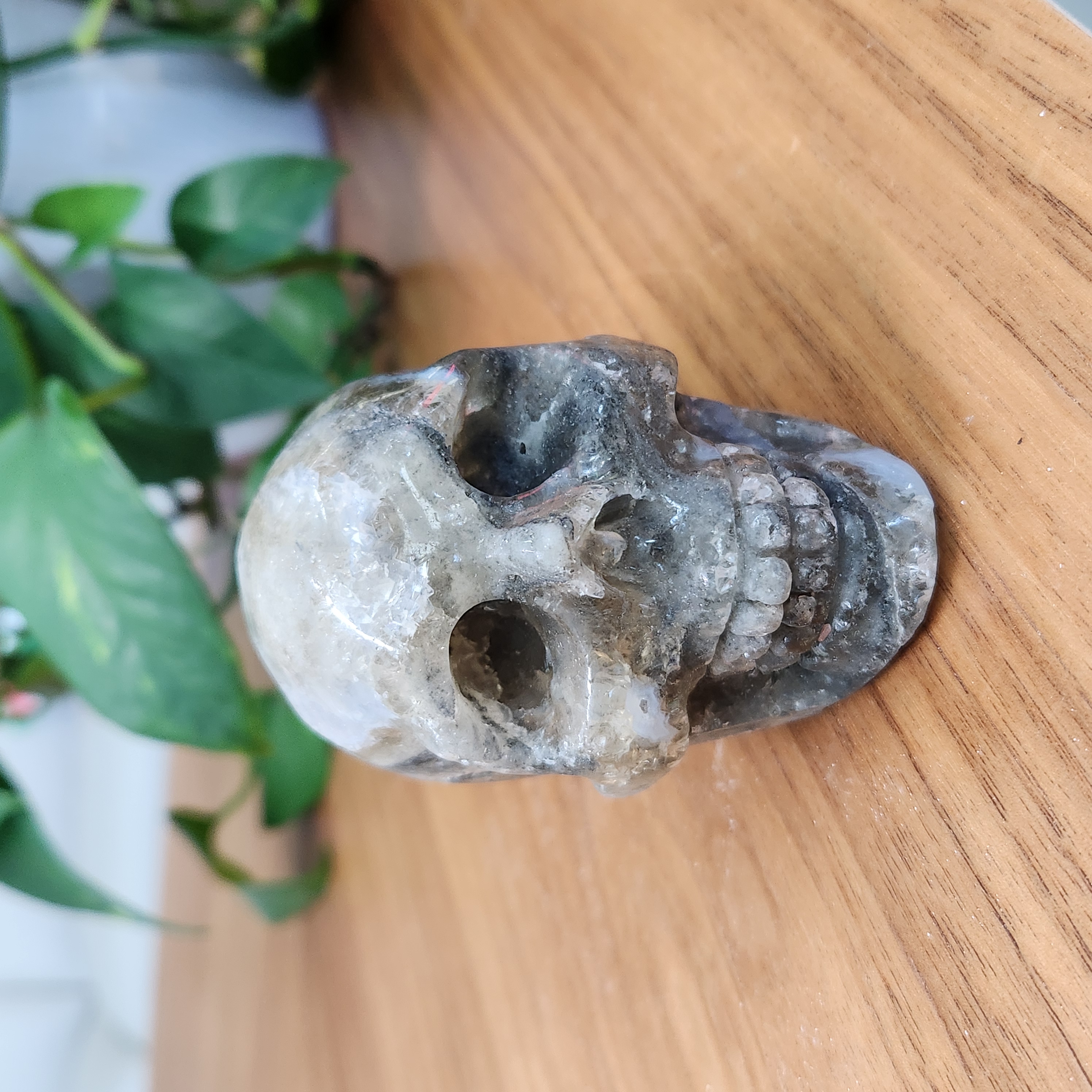 Fluorite with Moss Agate skull • UV reactive Moss Agate Fluorite skull • Moss agate skull, Fluorite skull head
