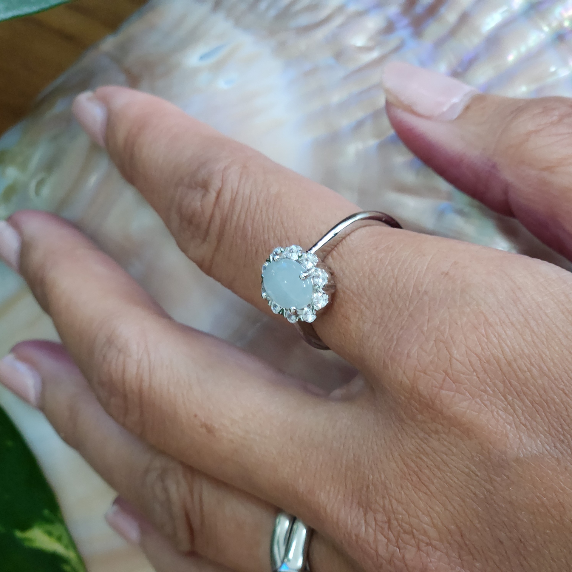 Jade Ring • Natural Icy cotton Jade Ring with cubic zirconia • Jade jewelry accessory gifts