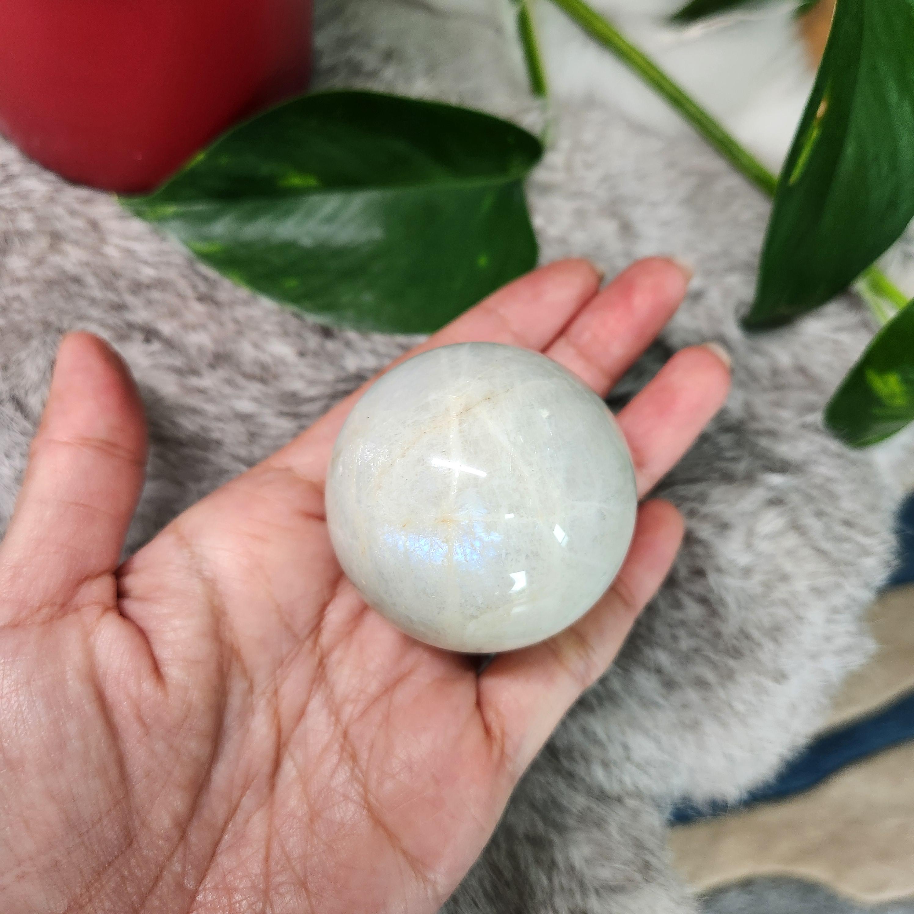 Moonstone Sphere • 50mm Flashy White Moonstone, Blue and White flashes •   