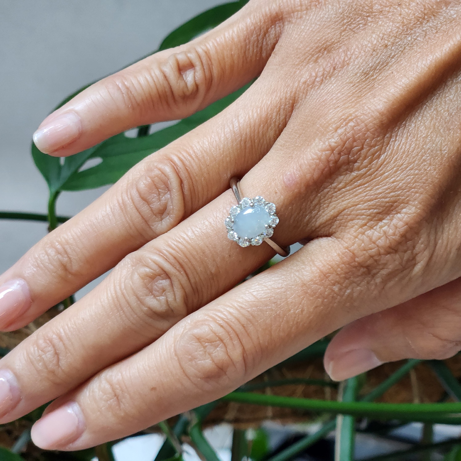 Jade Ring • Natural Icy cotton Jade Ring with cubic zirconia • Jade jewelry accessory gifts