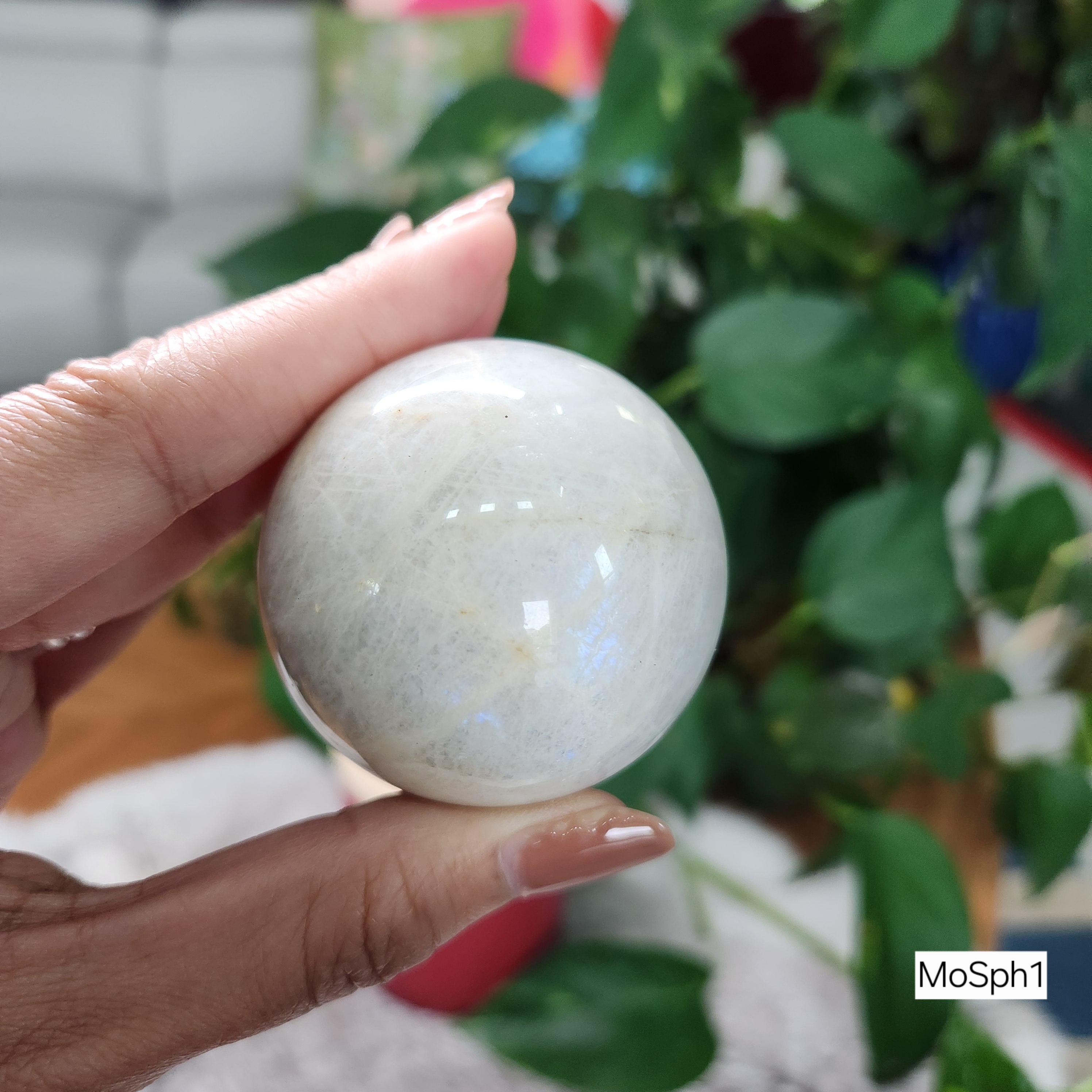 Moonstone Sphere • 50mm Flashy White Moonstone, Blue and White flashes •