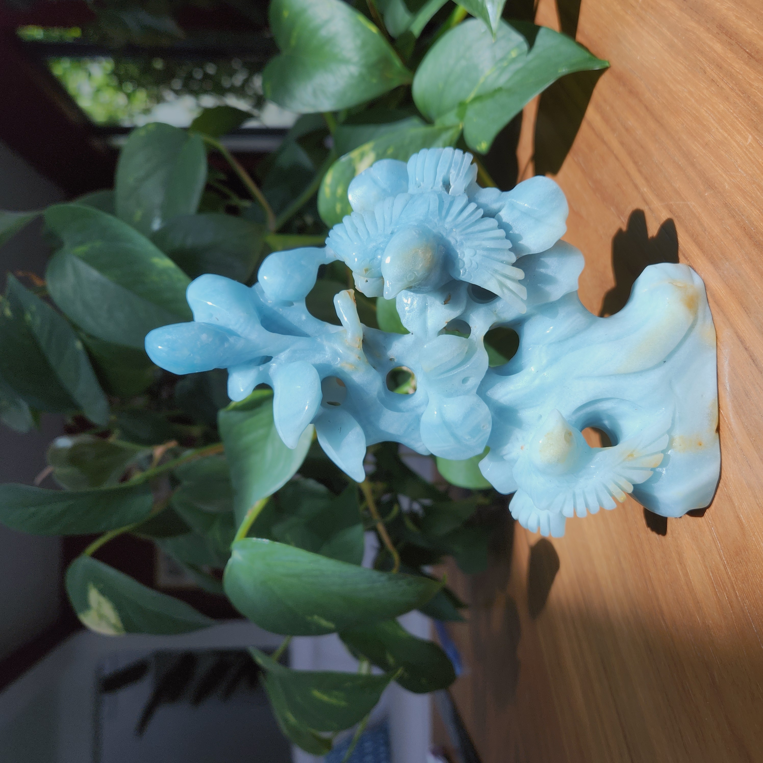 Amazonite Tree carving • 6.6" Crystal Tree, Bird Blossom Flower Tree • 