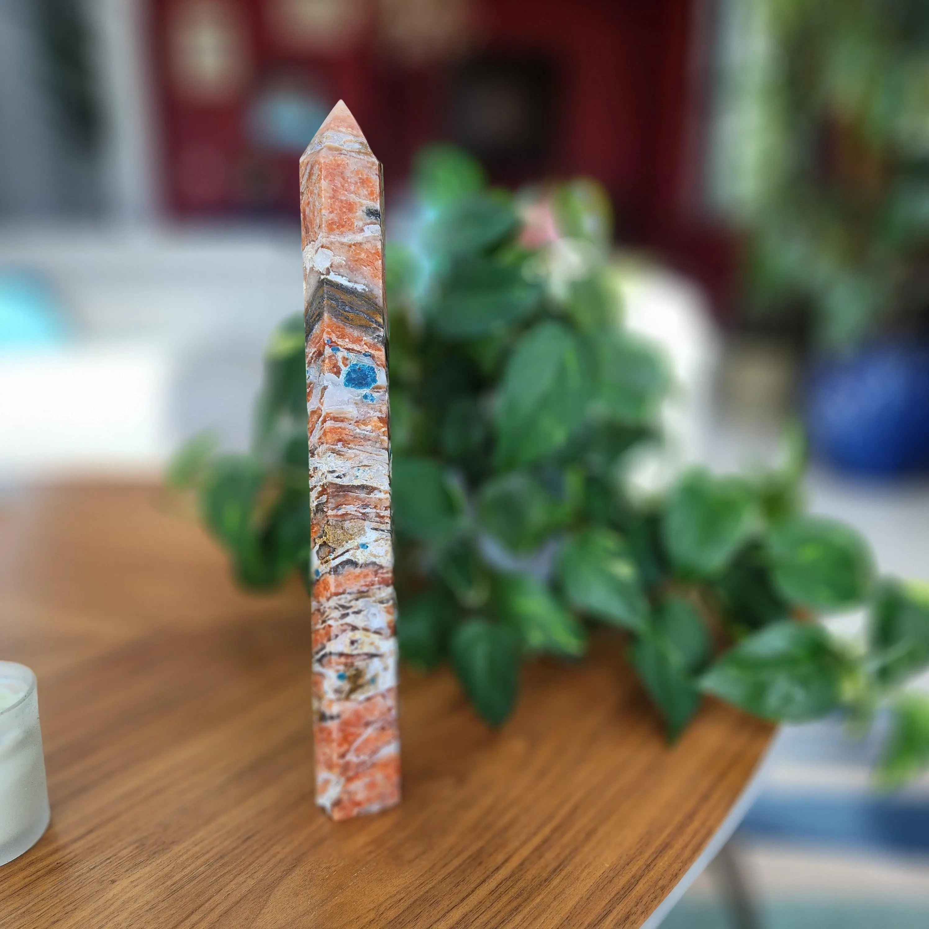 Sunstone with Appatite crystal Tower• 14.5" tall rare unique crystal tower point obelisk • Crystal gift home display 