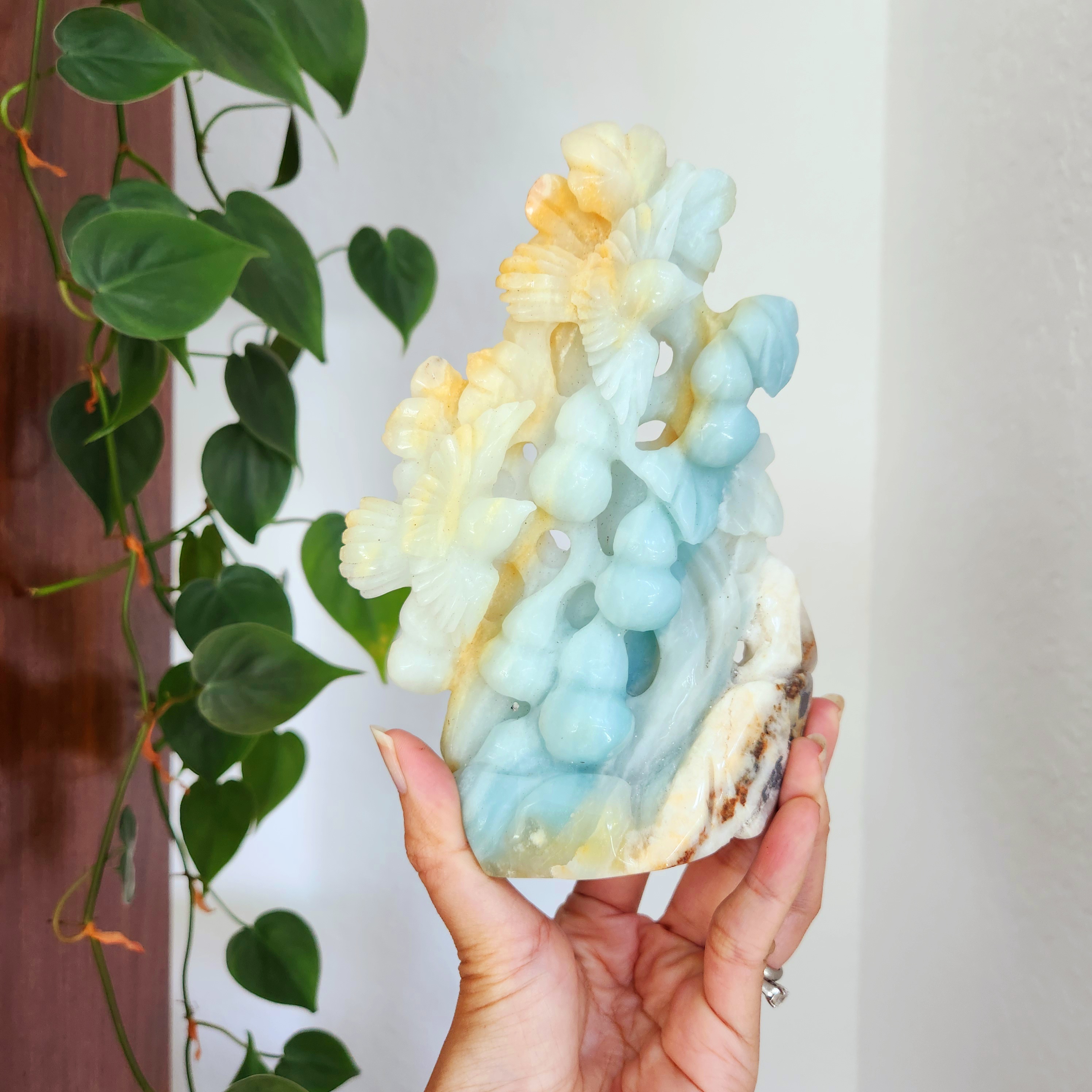 Amazonite Tree carving • 6.6" Crystal Flower, Bird Blossom Flower Tree • 