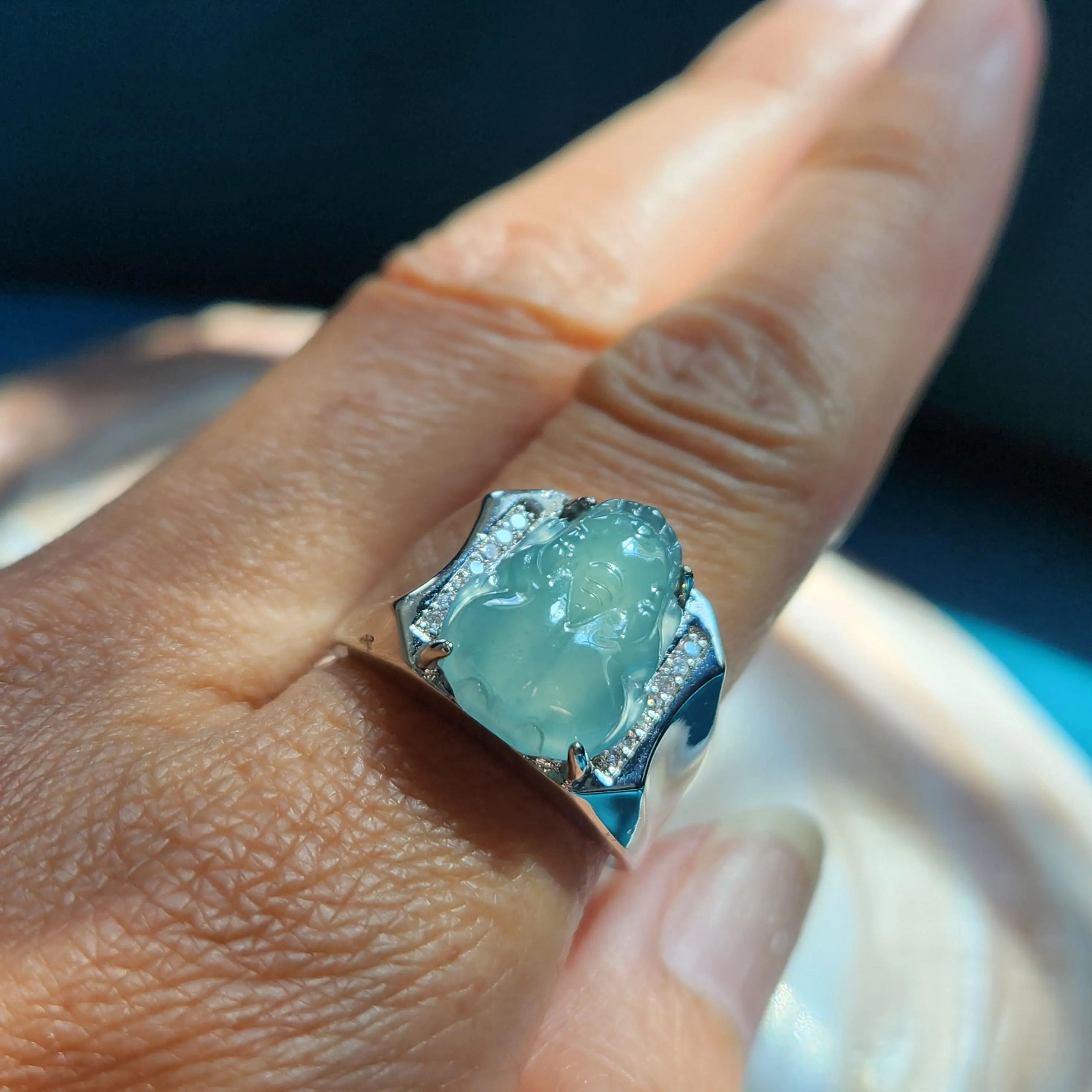 Icy Translucent Blue Jade Pixiu ring • Natural Burmese jade Chinese 貔貅 symbol silver ring 