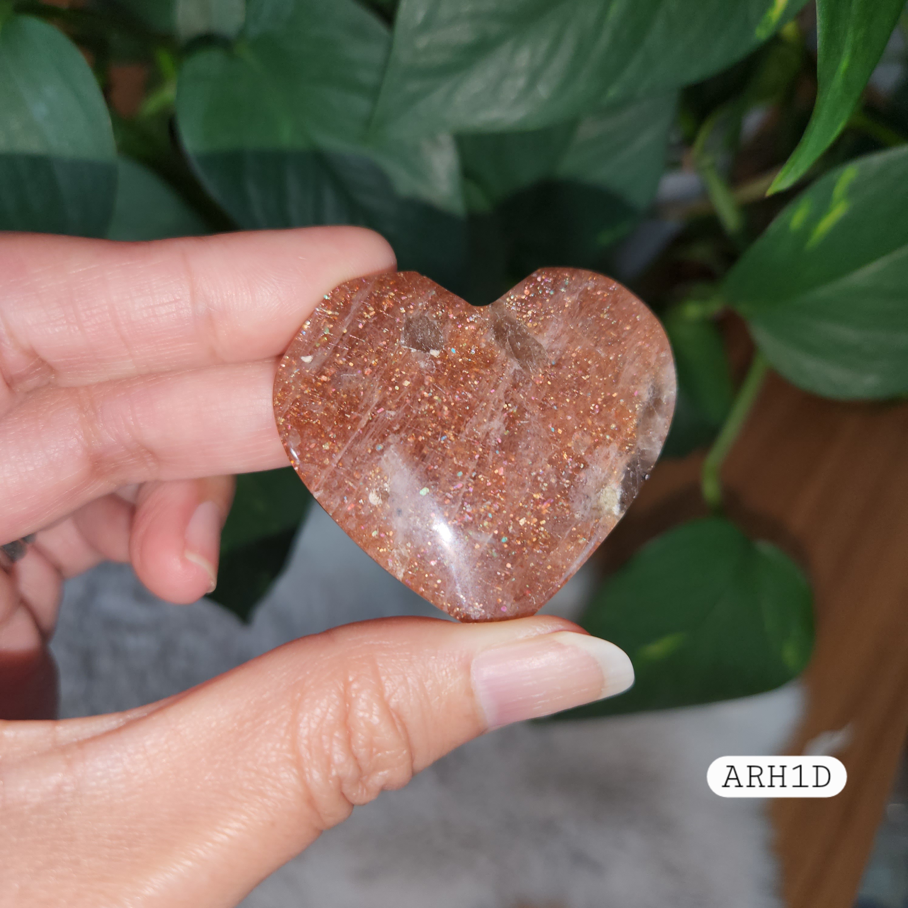 Arusha Sunstone Heart • 1.8" flashy Arusha gemstone crystal heart • High grade, rainbow confetti Arusha sunstone 
