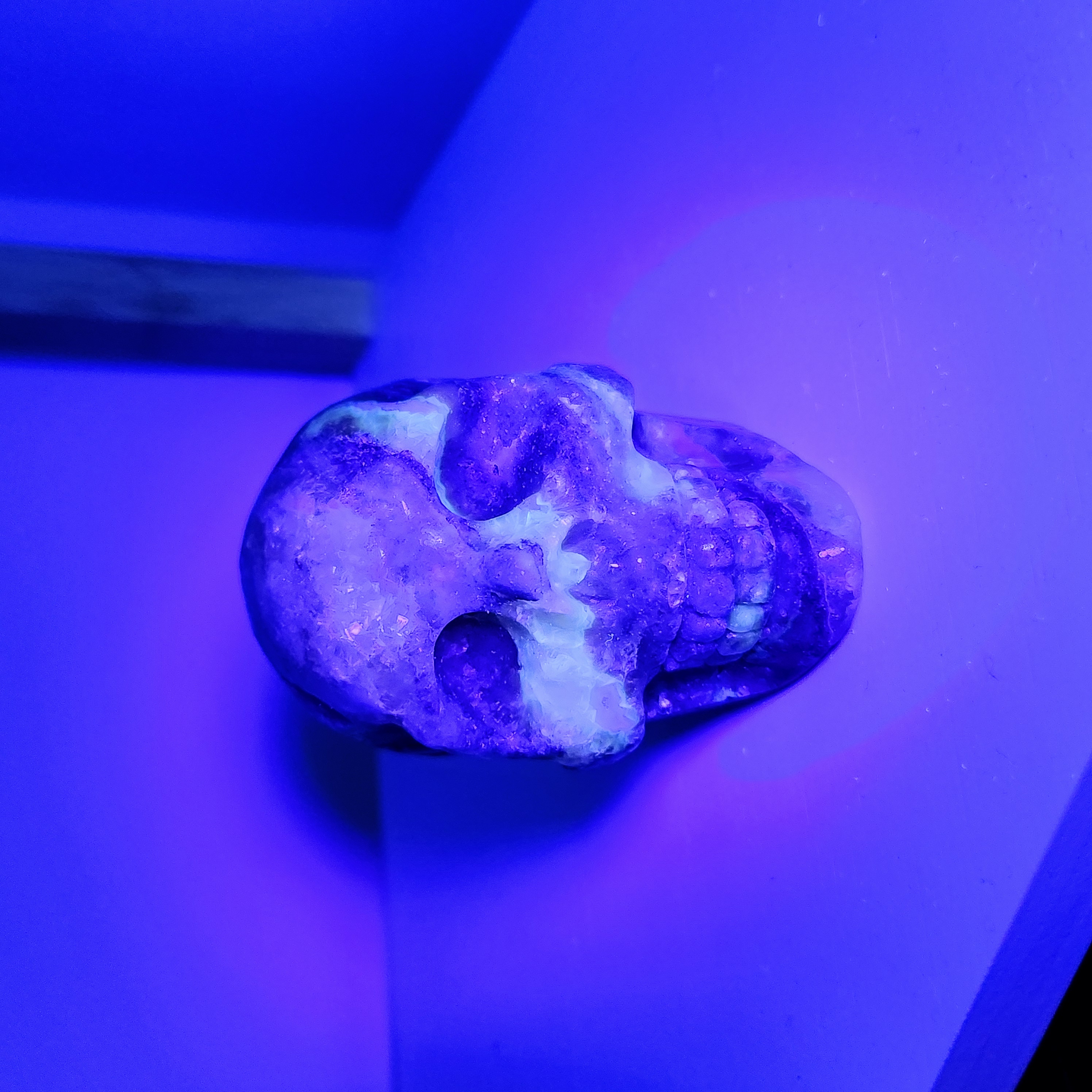Fluorite with Moss Agate skull • UV reactive Moss Agate Fluorite skull • Moss agate skull, Fluorite skull head