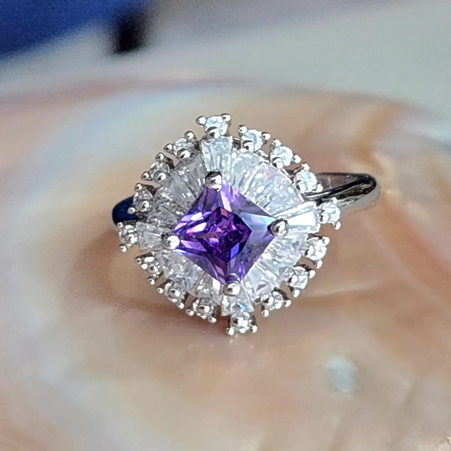 Princess cut Amethyst Ring with cubic zirconia set in sterling silver • Elegant Crystal jewelry accessory gift for her