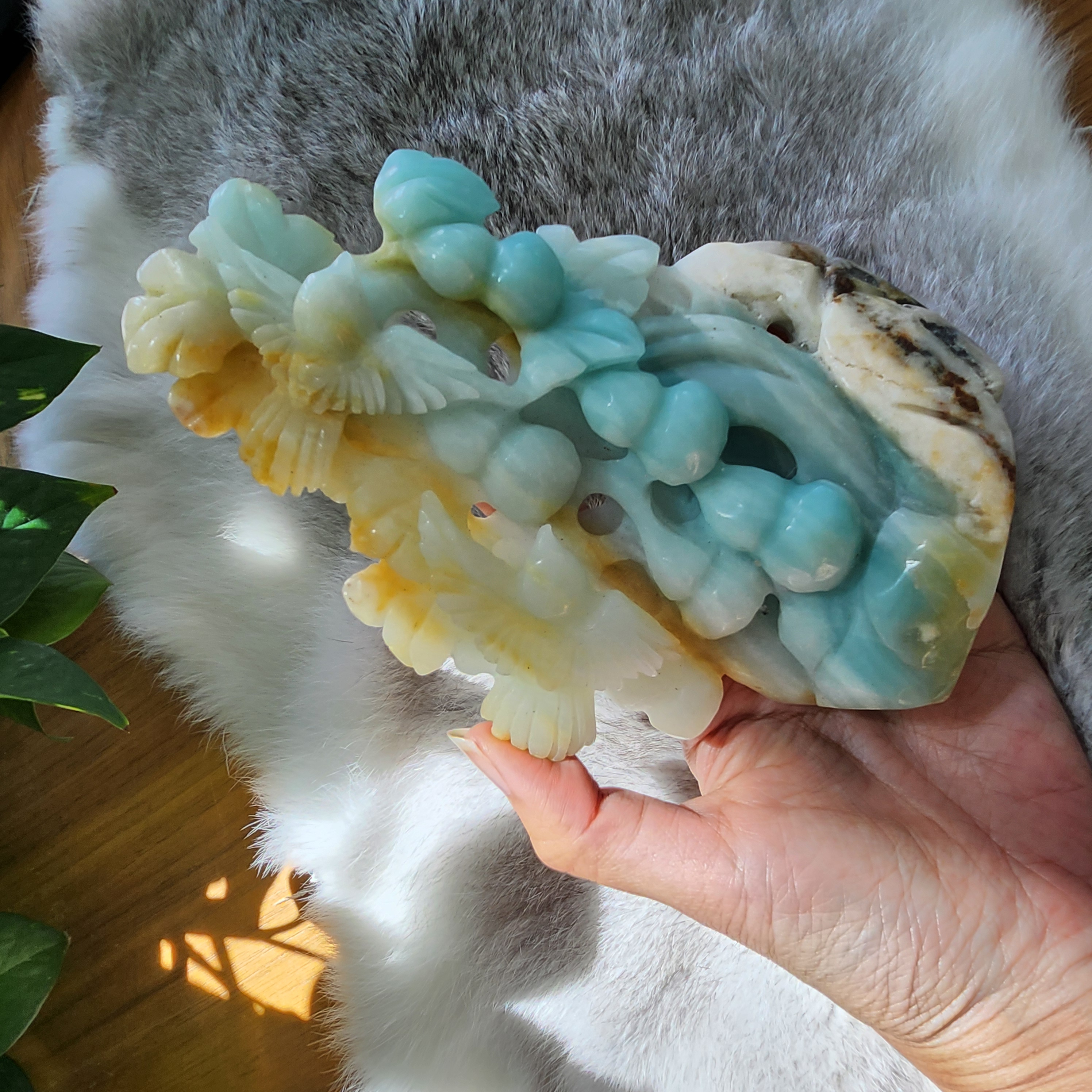 Amazonite Tree carving • 6.6" Crystal Flower, Bird Blossom Flower Tree • 
