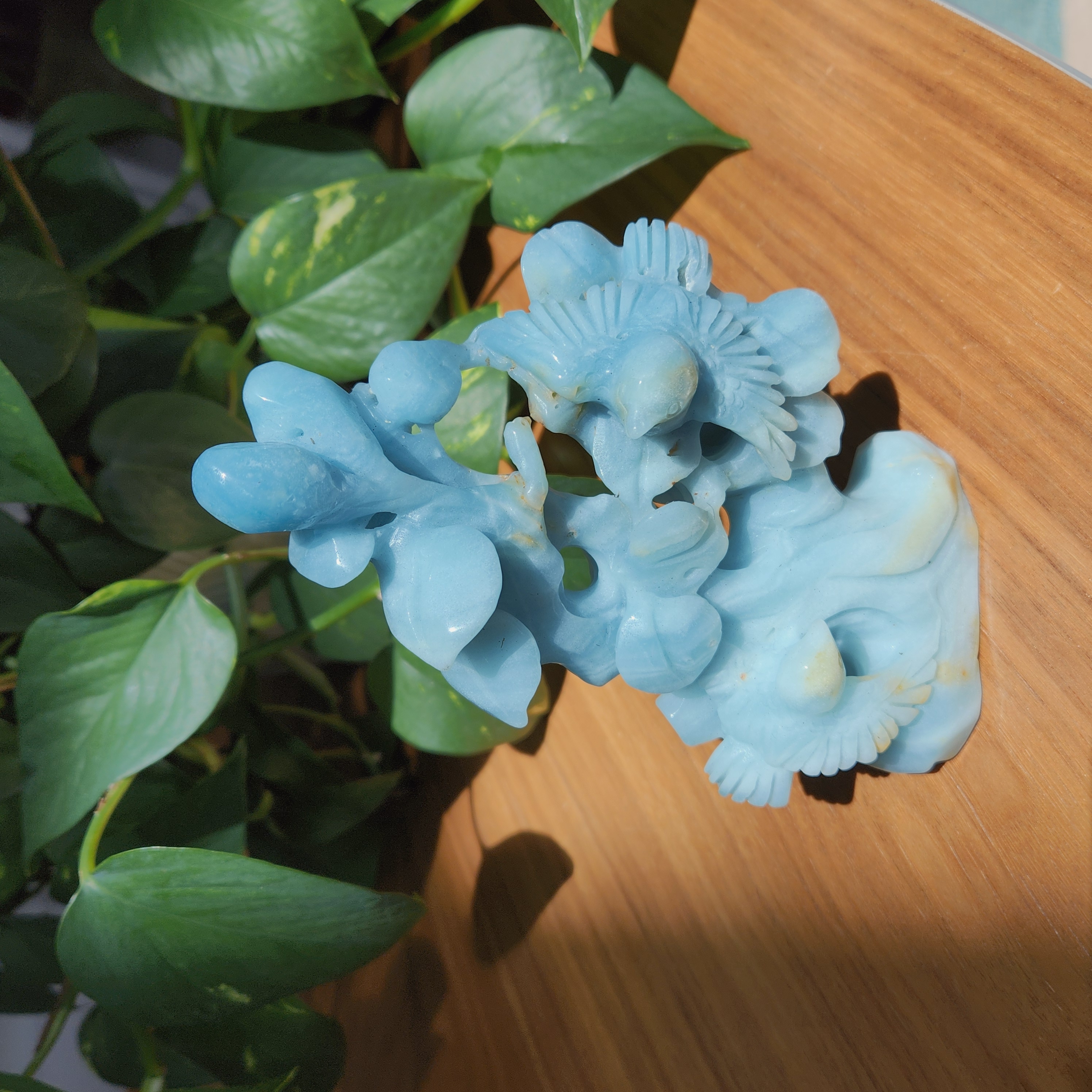 Amazonite Tree carving • 6.6" Crystal Tree, Bird Blossom Flower Tree • 