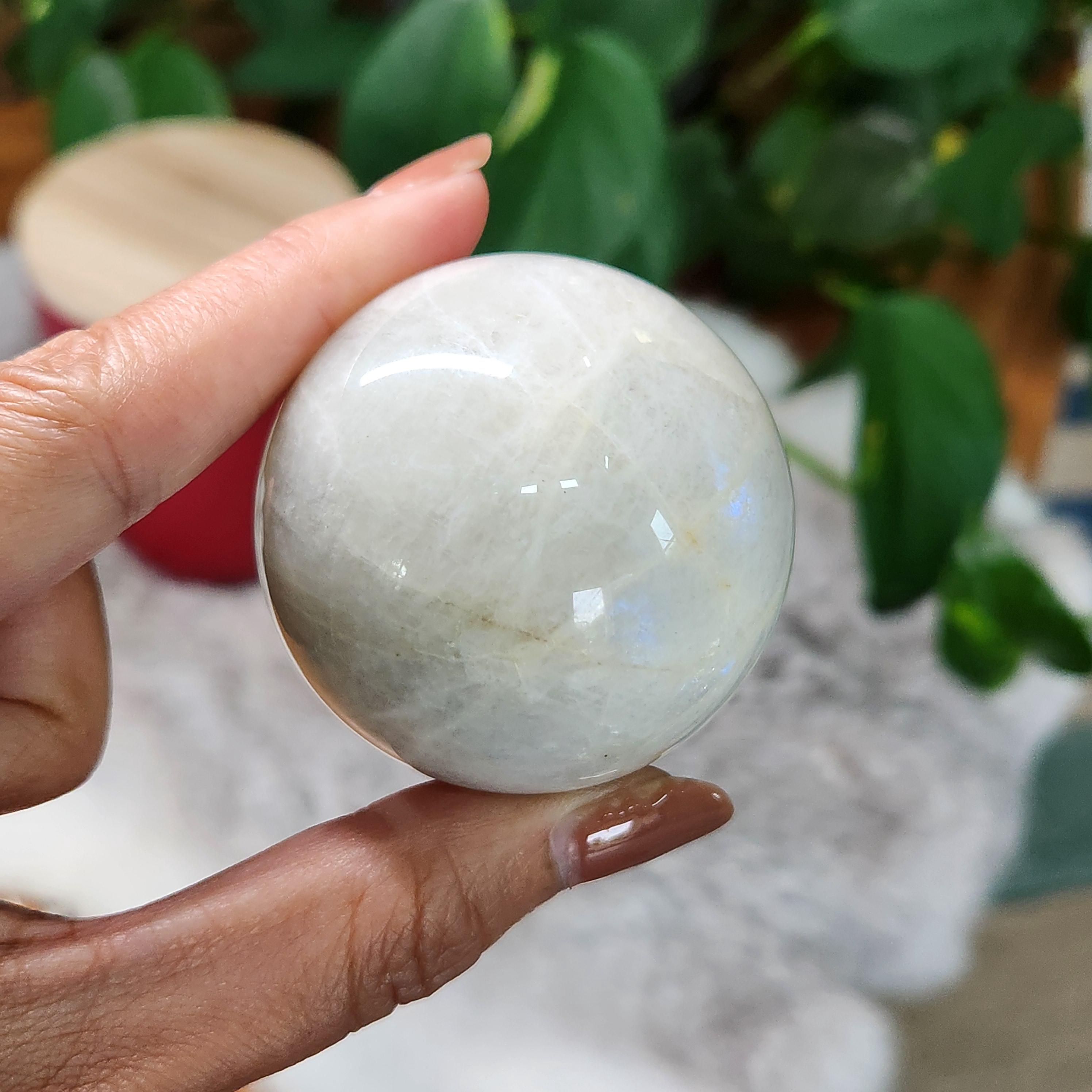 Moonstone Sphere • 50mm Flashy White Moonstone, Blue and White flashes •   