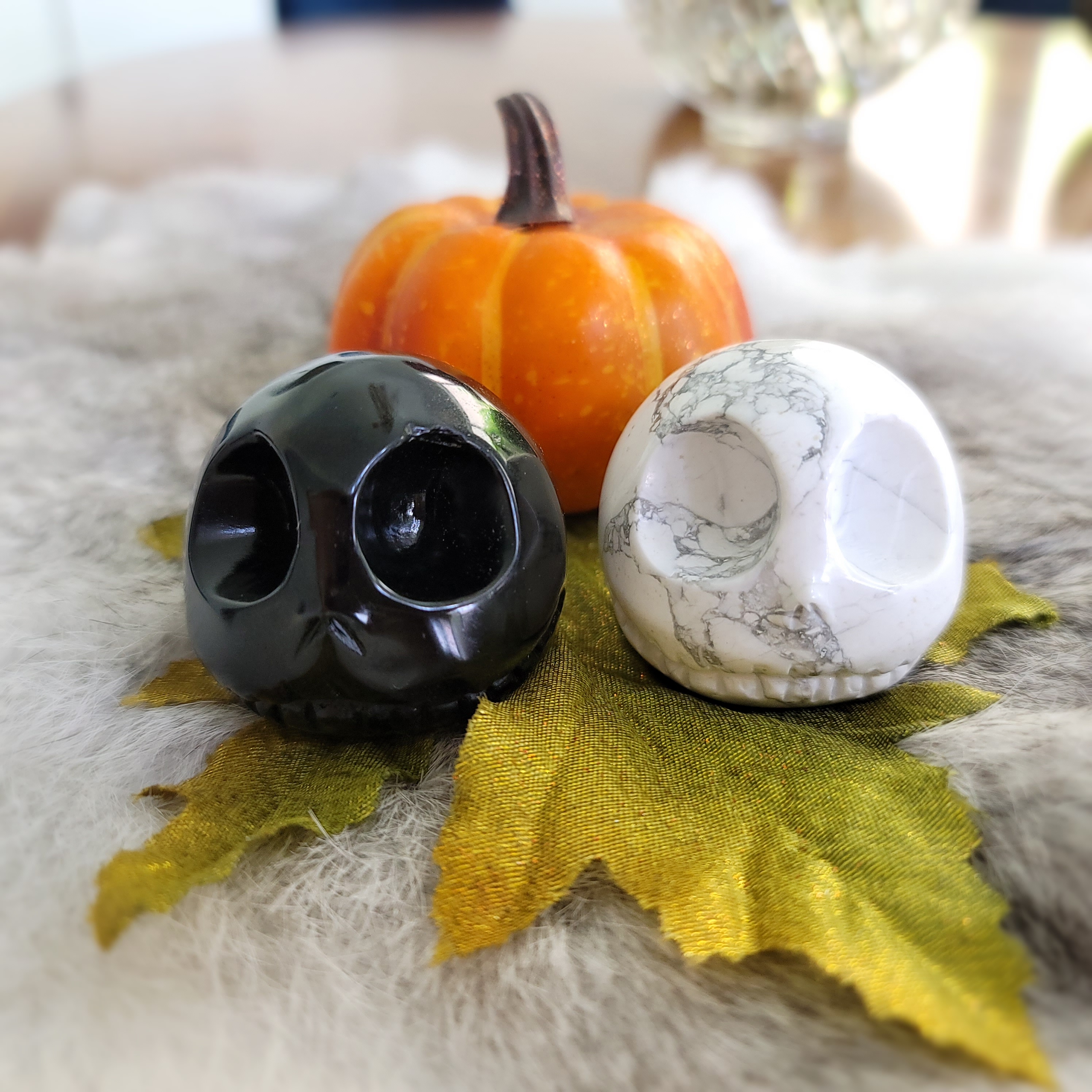 Jack Skull • Skeletal Skull • Halloween Skull • Howlite • Black Obsidian Halloween decoration Jack O Lantern skull head-crystal gift