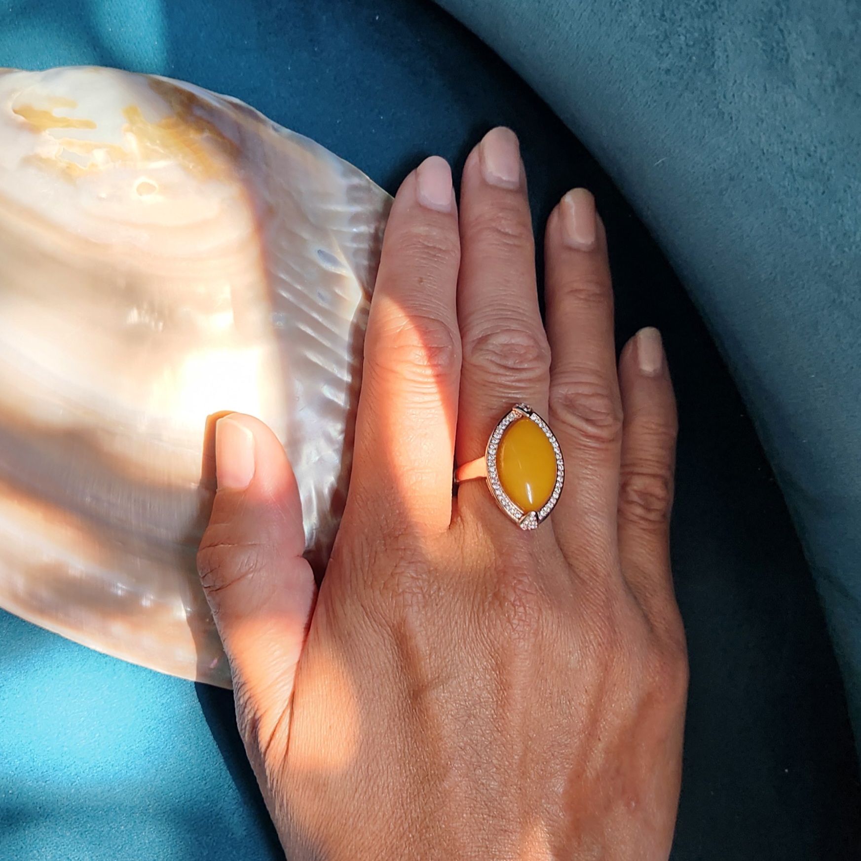 Yellow Jade - Rose Gold plated setting with cubic zirconia. Natural Burmese Jade - Stone of abundance and prosperity
