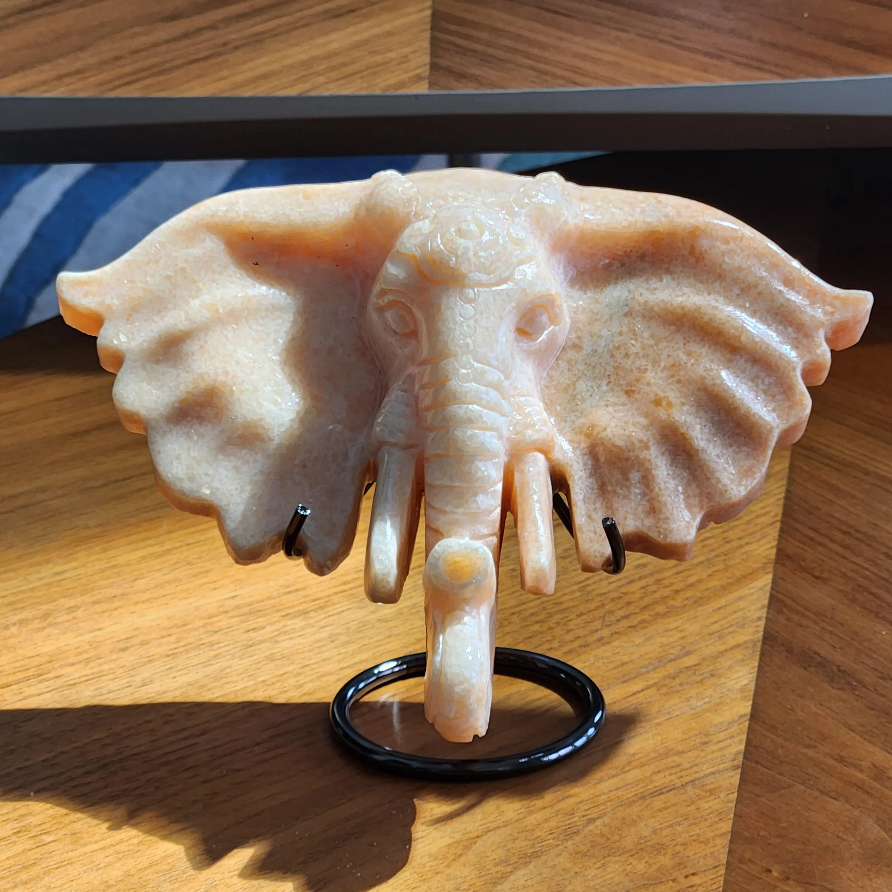 Orange Calcite crystal Elephant • 8" wide Orange Calcite Elephant head carving • 