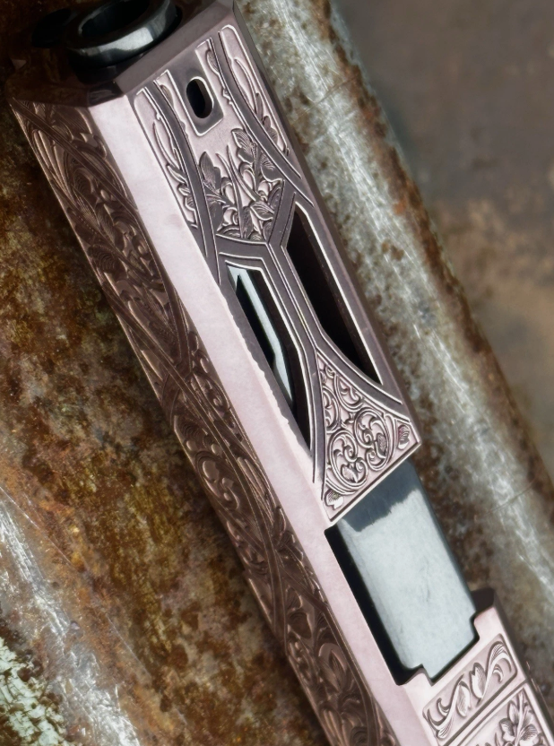 Glock 19 Gen 3 Slide Upper – Scroll Engraved Rose– Ported DLC Barrel – RMR