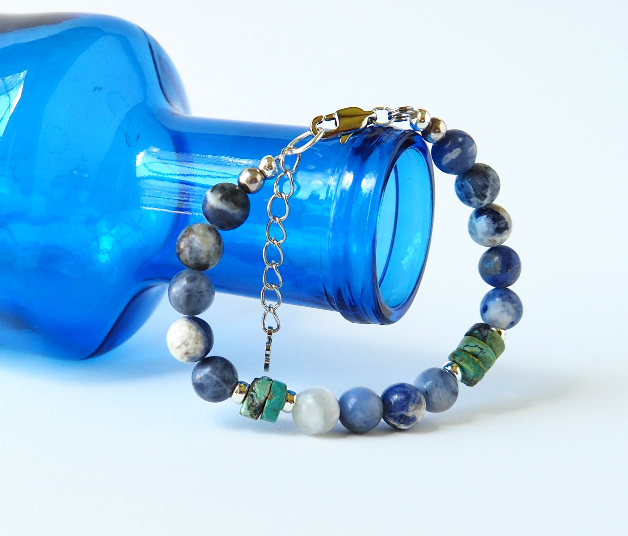 Blue Beaded Bracelet with Turquoise & Sterling - "Acoma Sky"