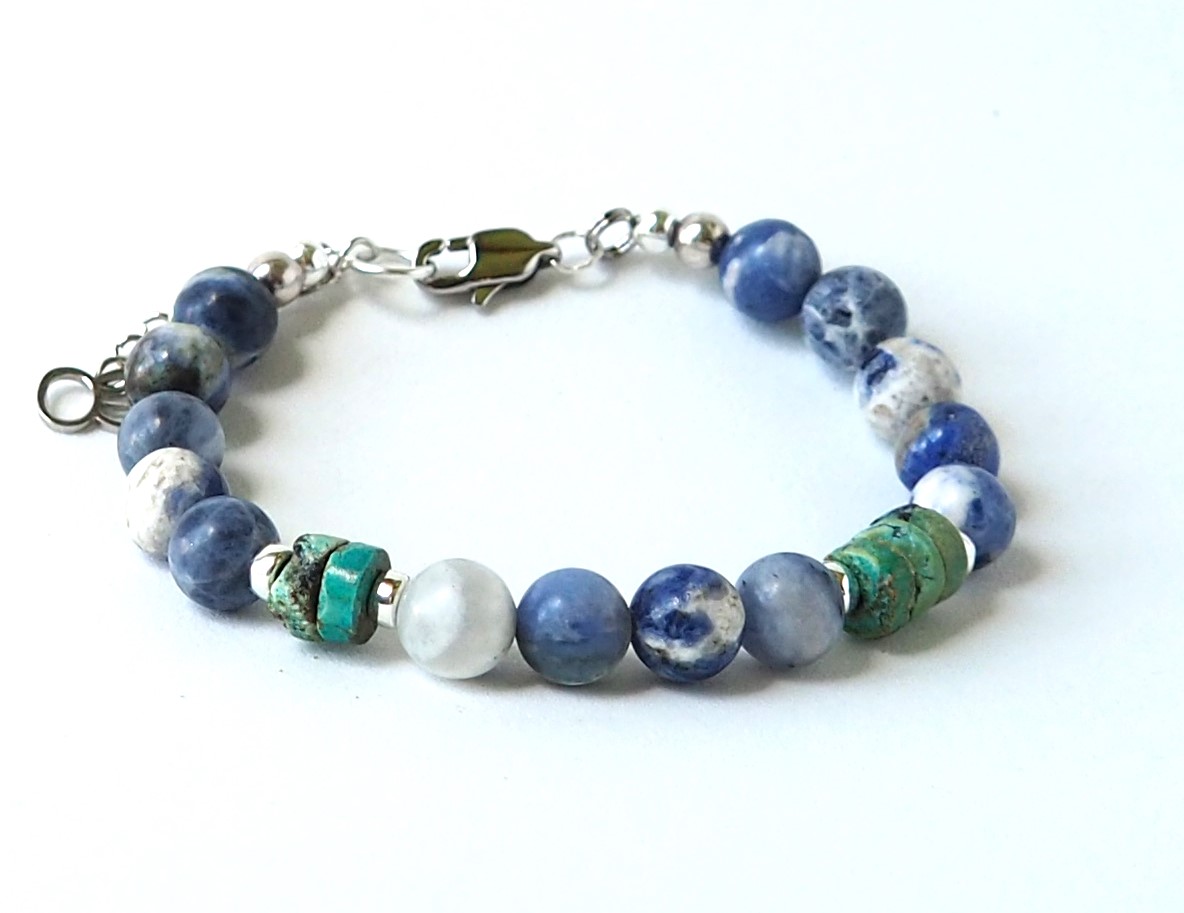 Blue Beaded Bracelet with Turquoise & Sterling - "Acoma Sky"