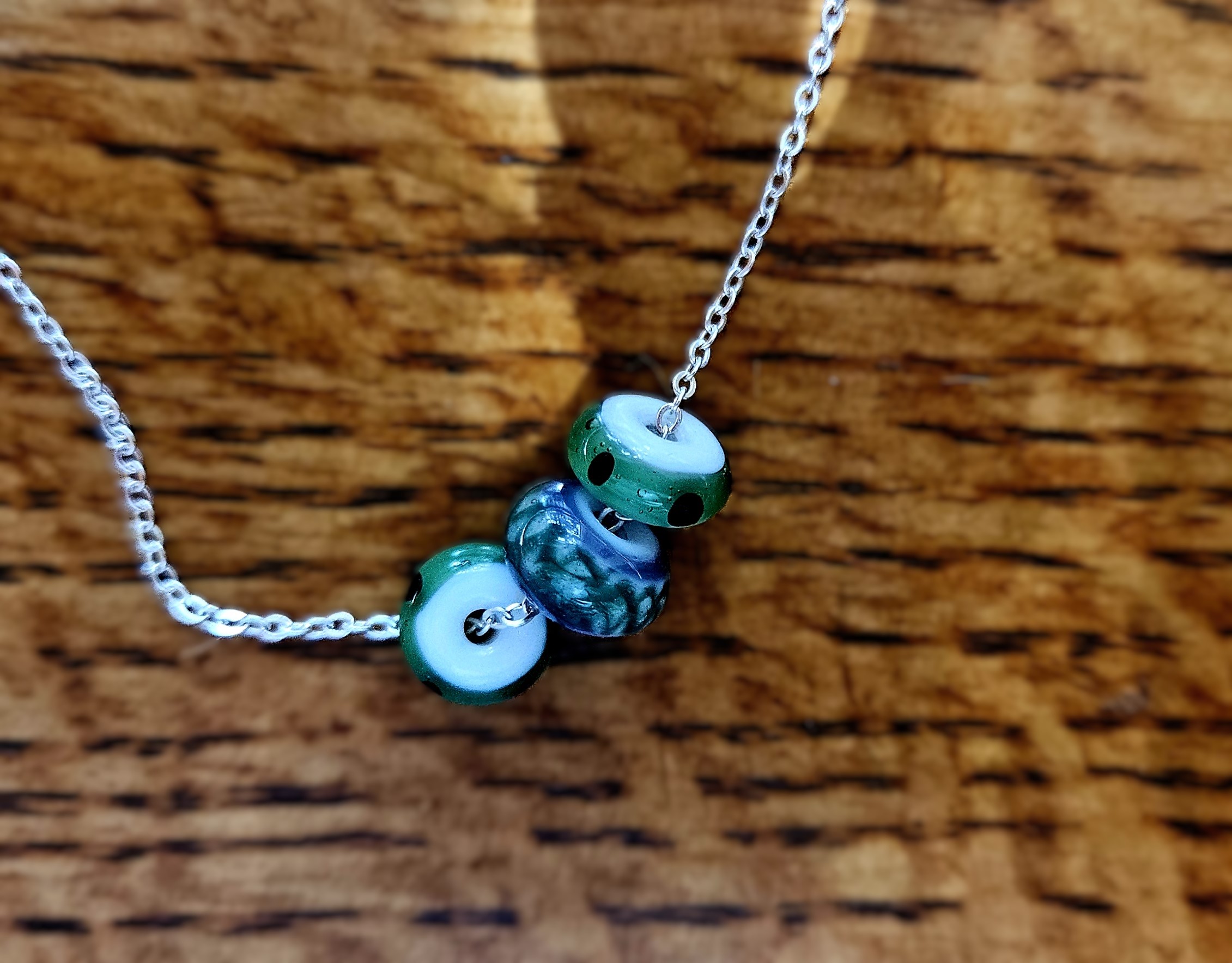 Green, White & Lavender Glass & Sterling Silver Necklace -  3 WISHES