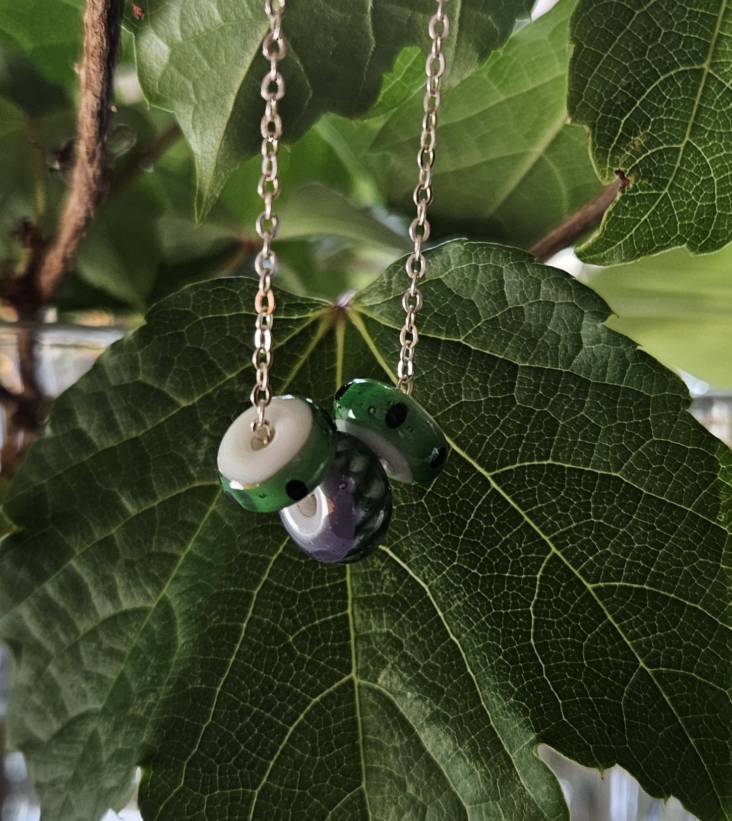 Green, White & Lavender Glass & Sterling Silver Necklace -  3 WISHES