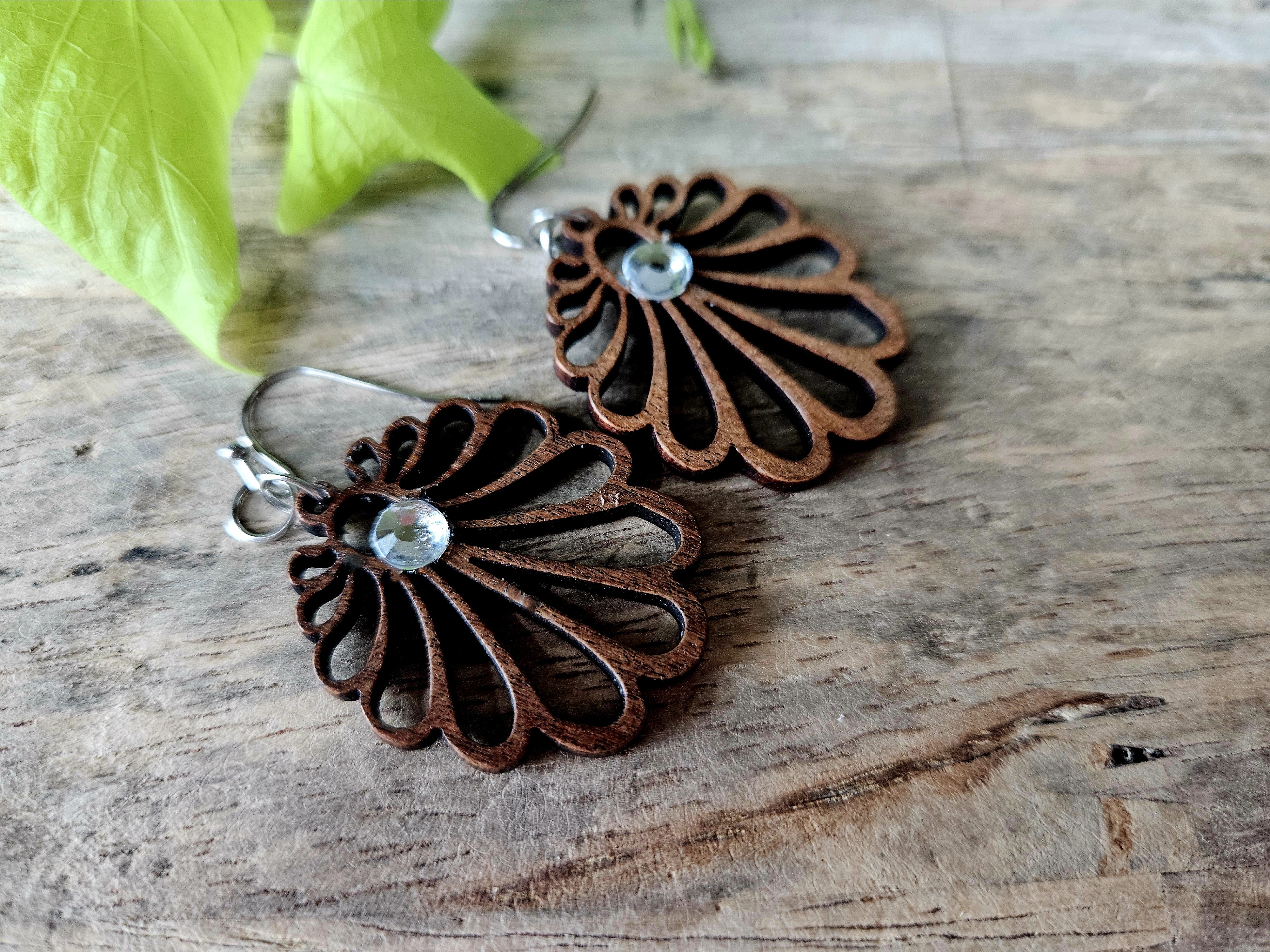 Walnut Wood Earrings - "Bloom Bling" 